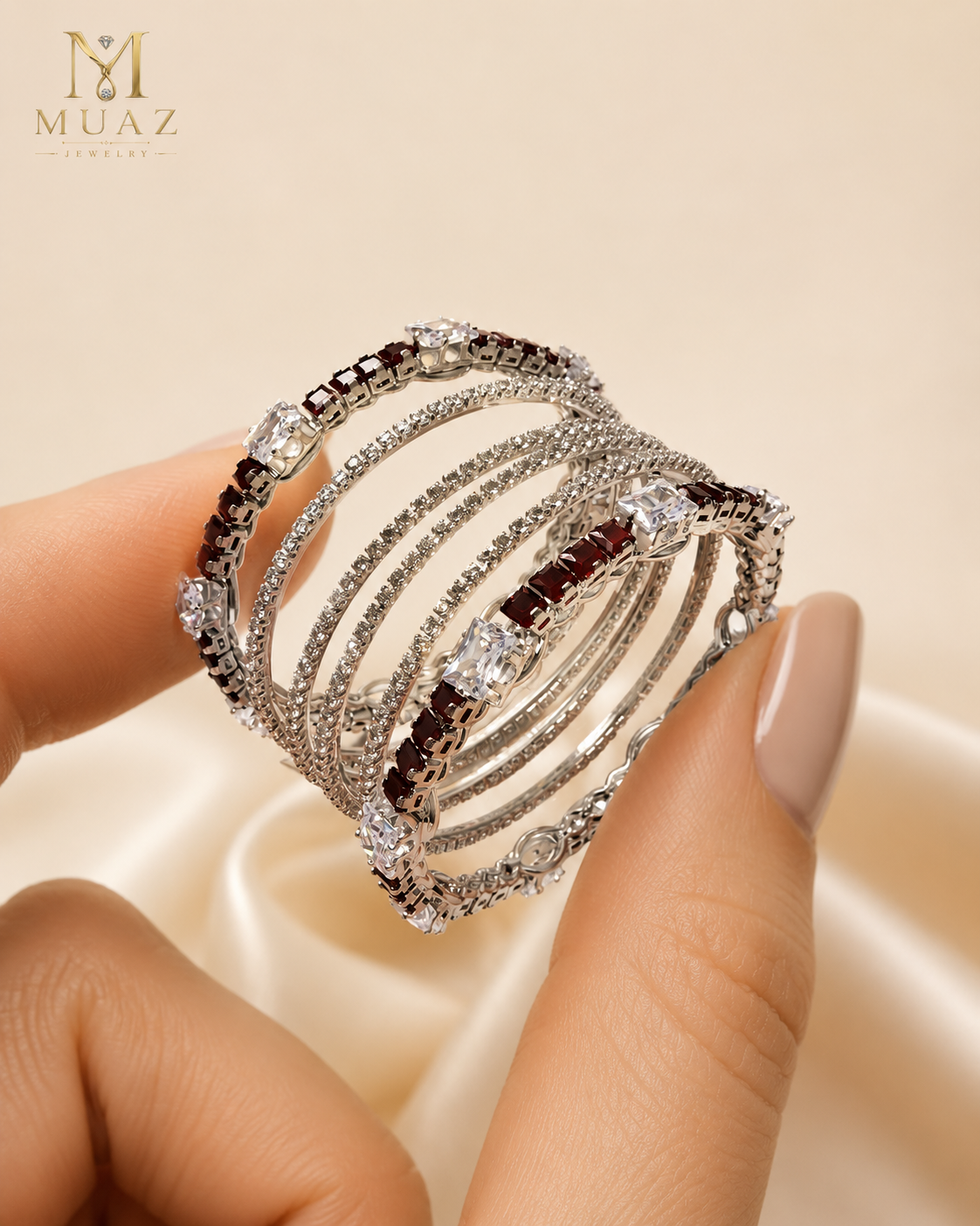 Designer 6-Piece Luxury Gold & Mroon Stone Bangles Set