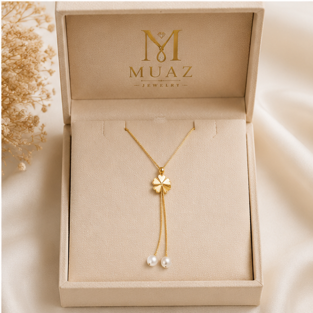 Gold Butterfly Lariat Necklace with Pearl Drops – Elegant Stainless Steel Minimal Jewelry