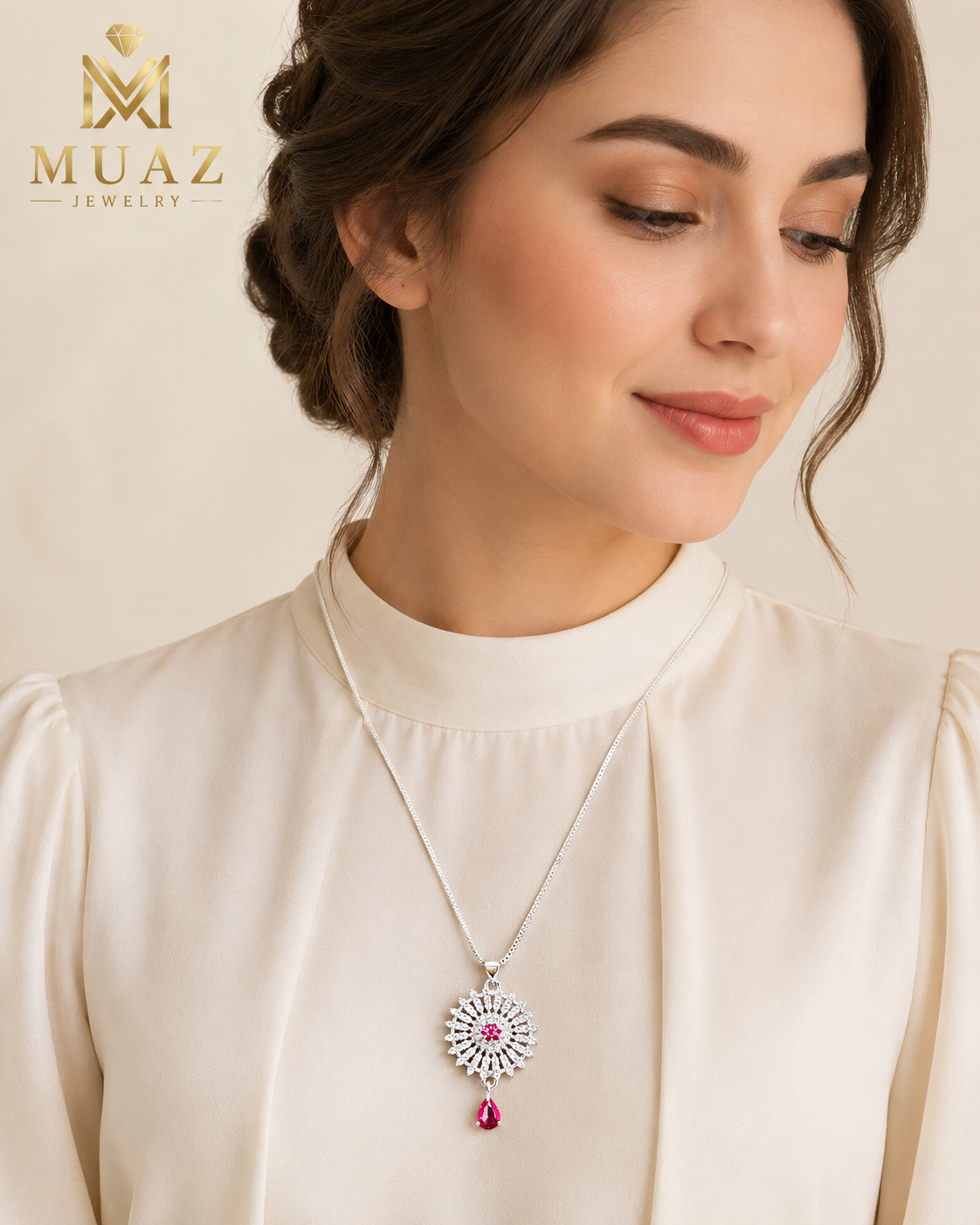 Silver Sunburst Pendant Necklace with Pink Teardrop Stone