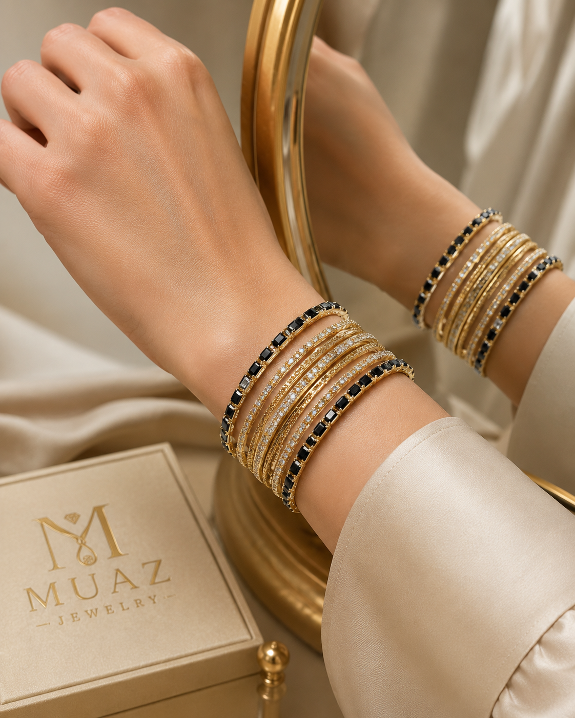 Designer 6-Piece Luxury Gold & Black Stone Bangles Set