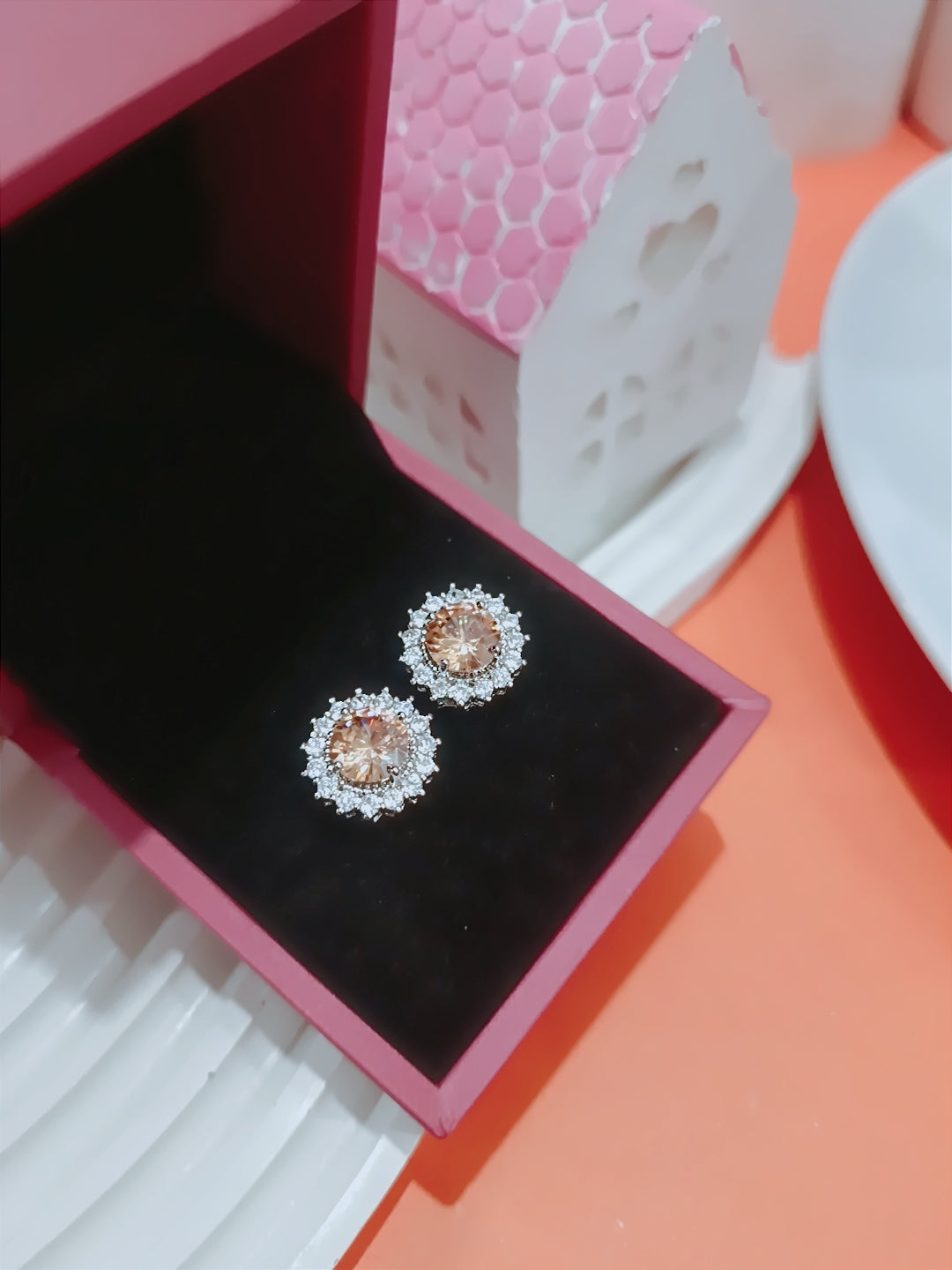 Luxury Silver Halo Tops, Multicolor Stone Stud Earrings