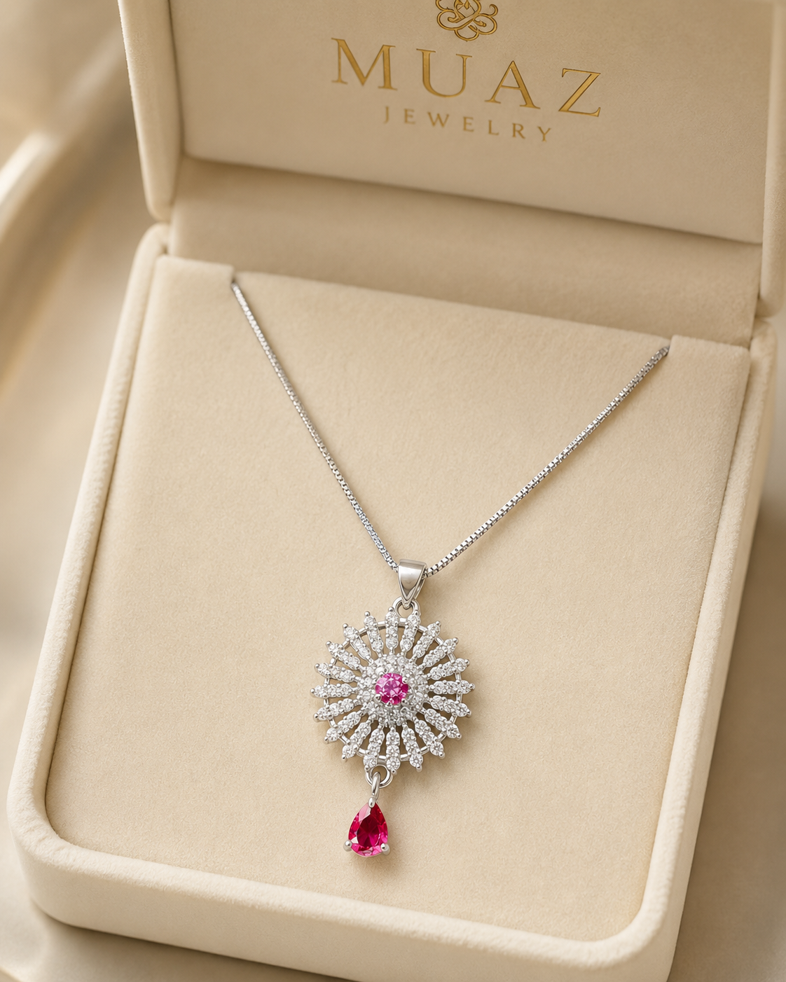 Silver Sunburst Pendant Necklace with Pink Teardrop Stone