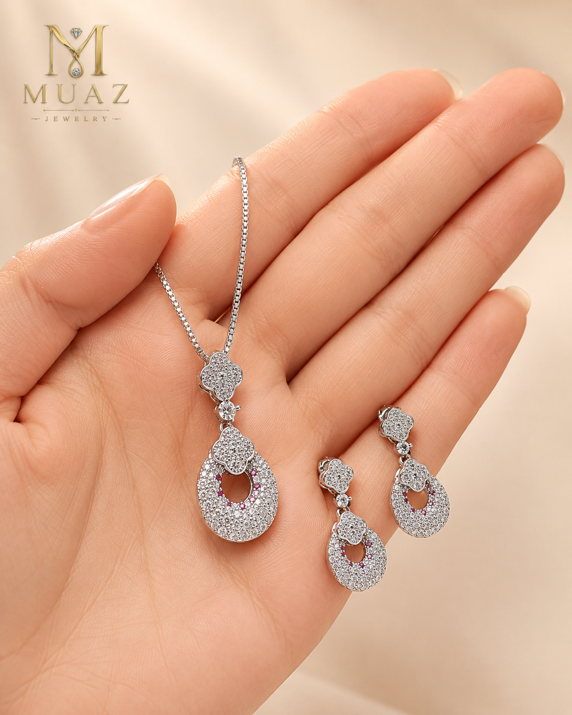 Designer Silver Crystal Pendant Necklace & Earrings Set