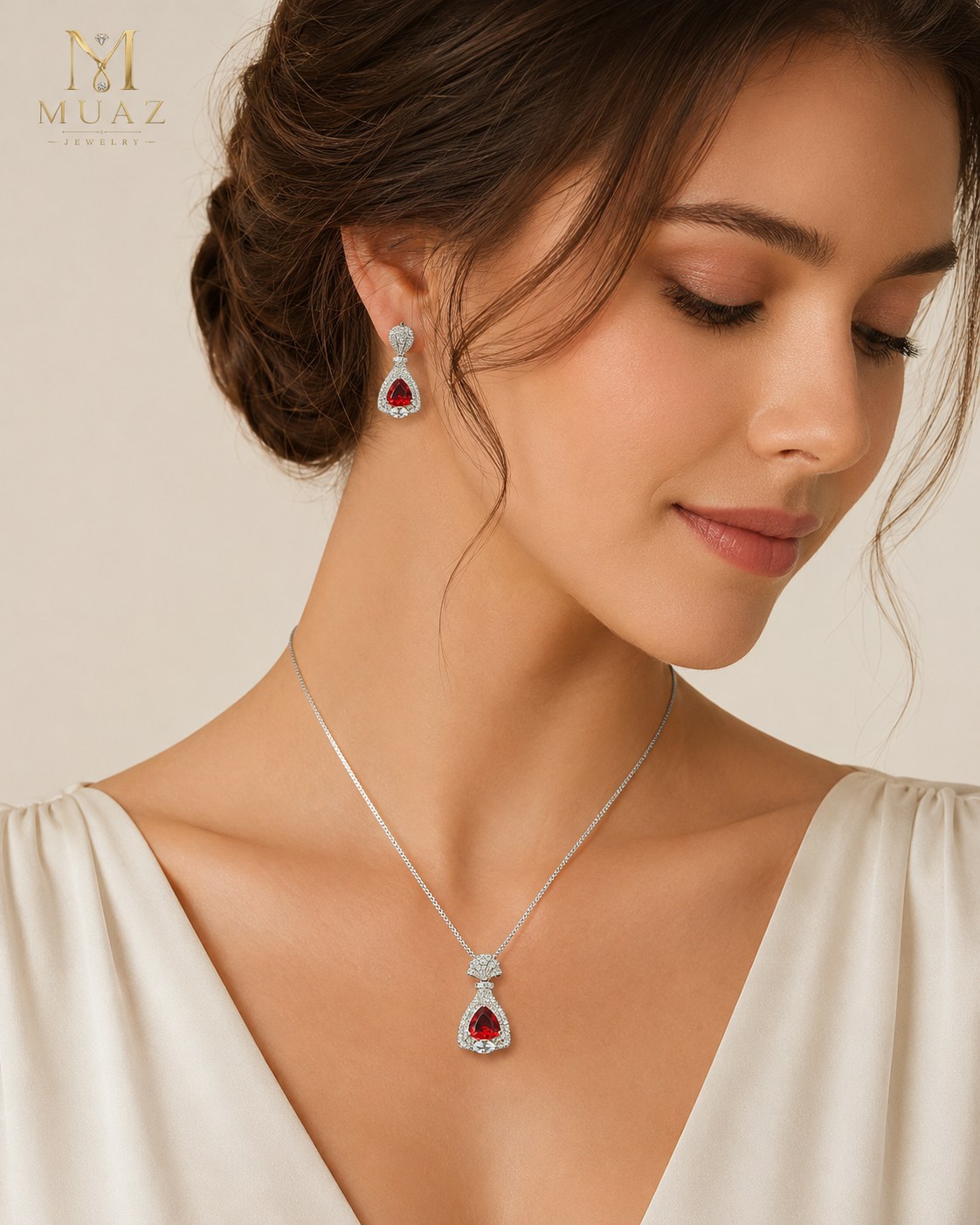 Designer, Luxury Red Ruby-Style Pendant Necklace & Earrings Set