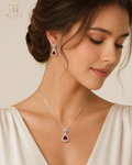 Designer, Luxury Red Ruby-Style Pendant Necklace & Earrings Set