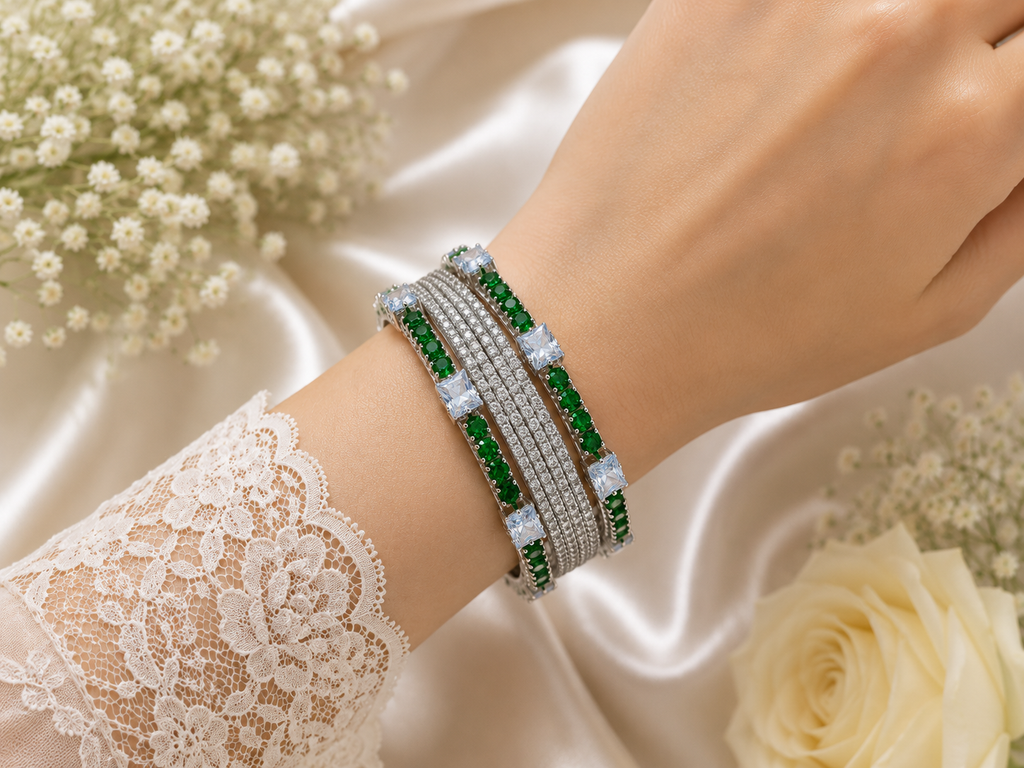 Luxury Silver Green Stone Bangles. Size 2.6