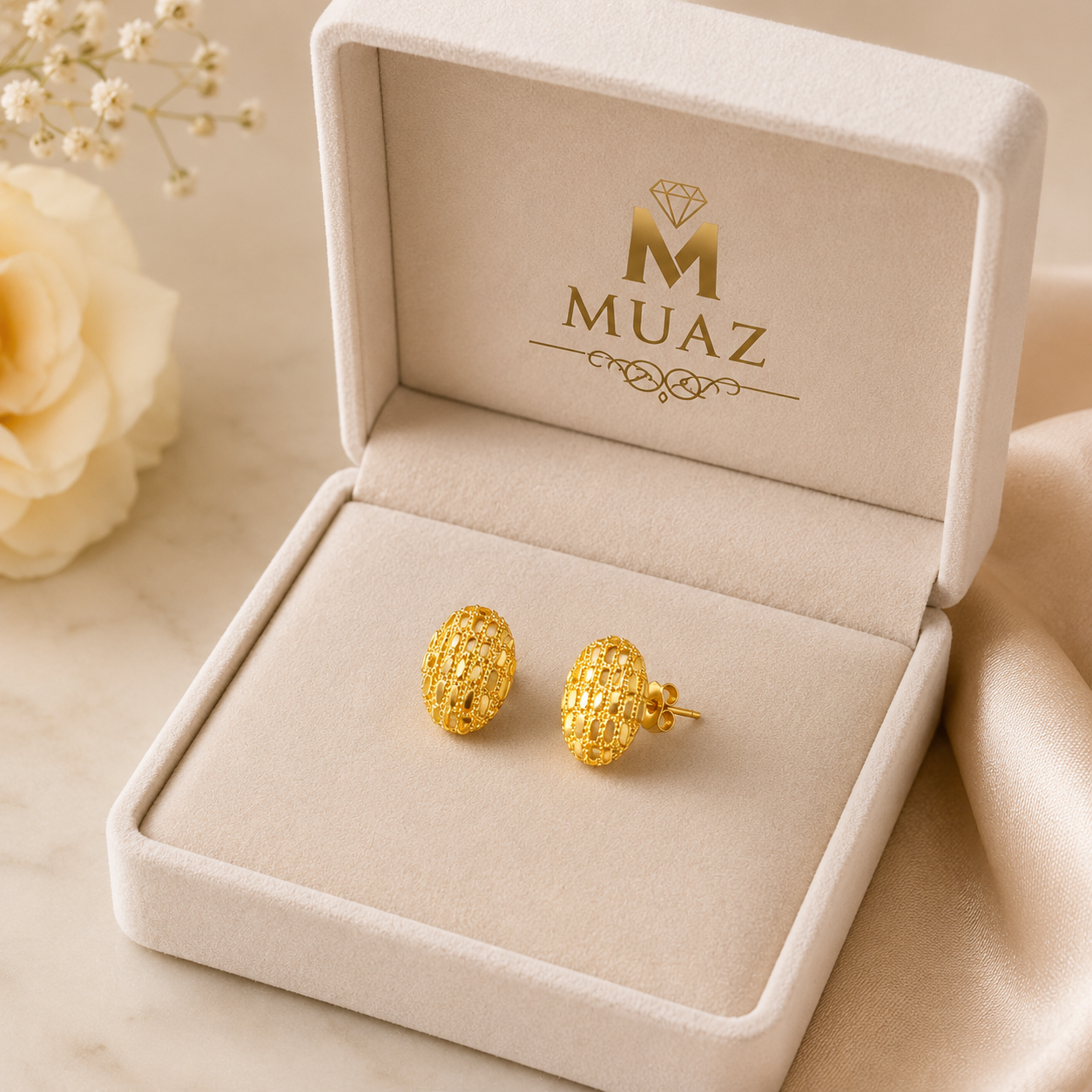 China Gold Oval Stud Tops – Elegant Textured Gold Earrings