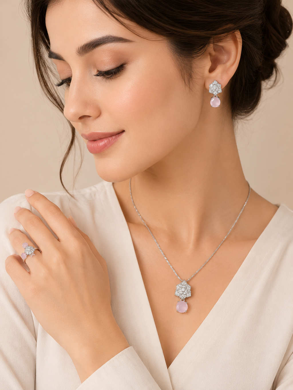 Turquoise/ Pink Elegance Silver Jewelry Set – Necklace, Earrings & Ring