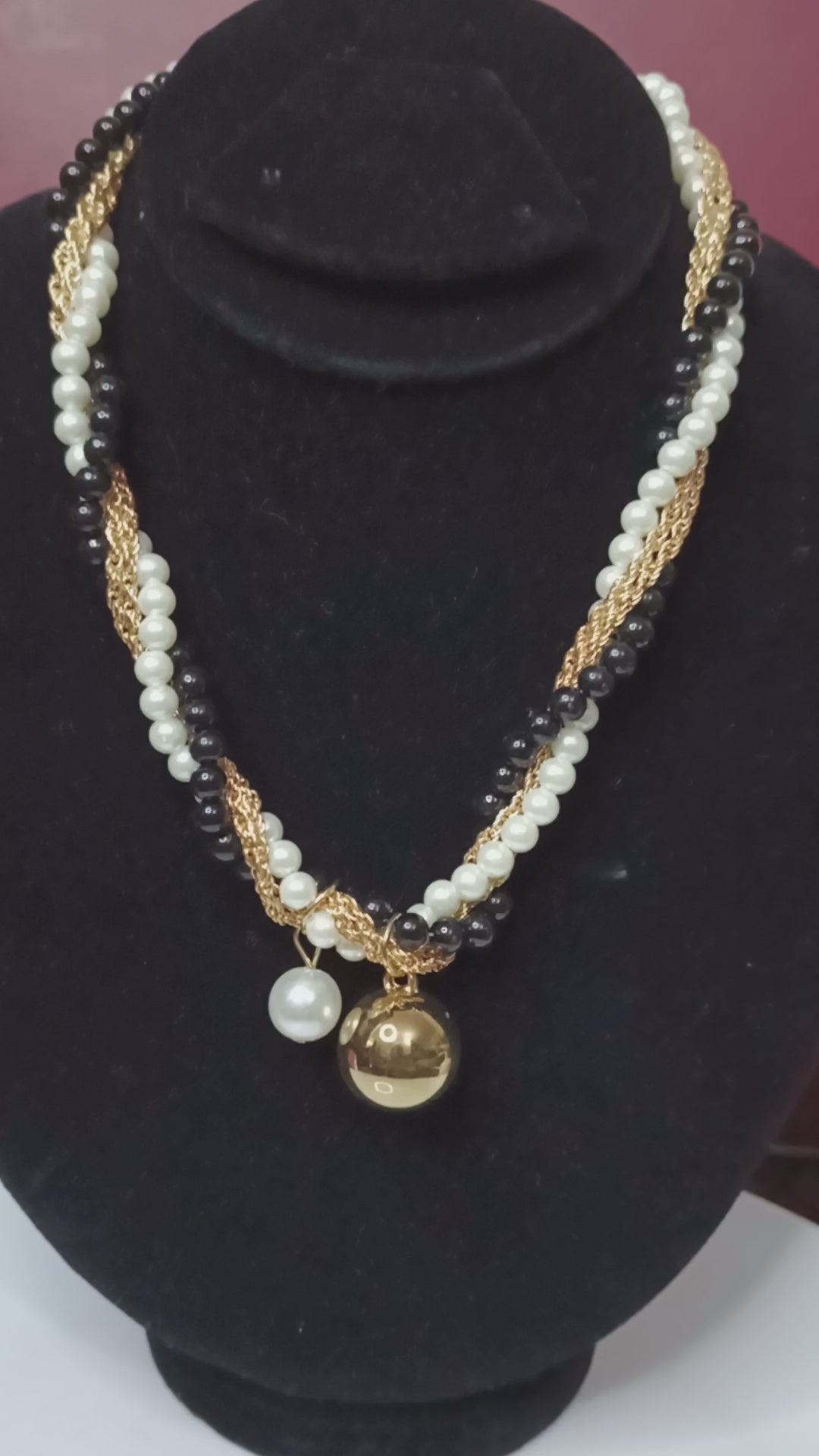 Elegant Black & White Pearl Turkish Mala Necklace – Gold Chain with Silver/Golden Ball Pendant
