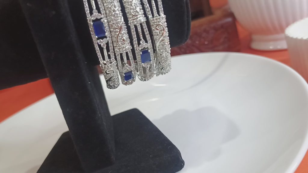1 Carat Blue Stone Luxury Bangles Set – Elegant Silver Finish Size 2.8 (Pair)