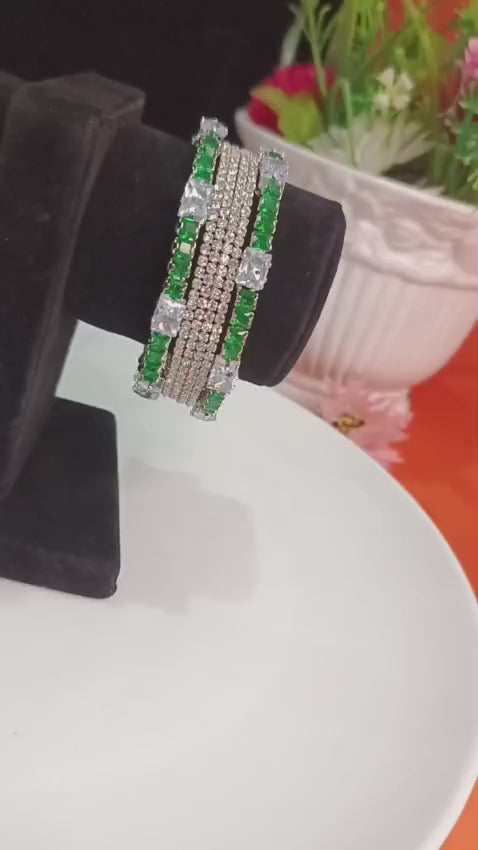 Luxury Silver Green Stone Bangles. Size 2.6