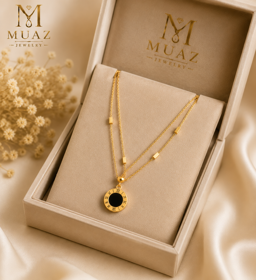 Stainless Steel Gold Layered Necklace with Roman Circle Pendant