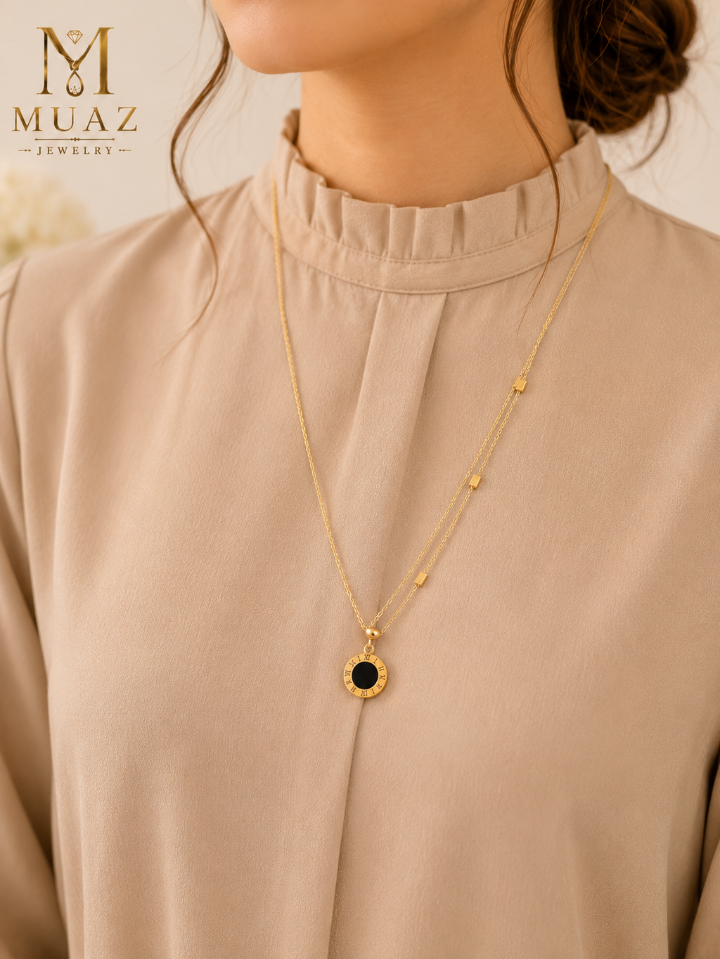 Stainless Steel Gold Layered Necklace with Roman Circle Pendant