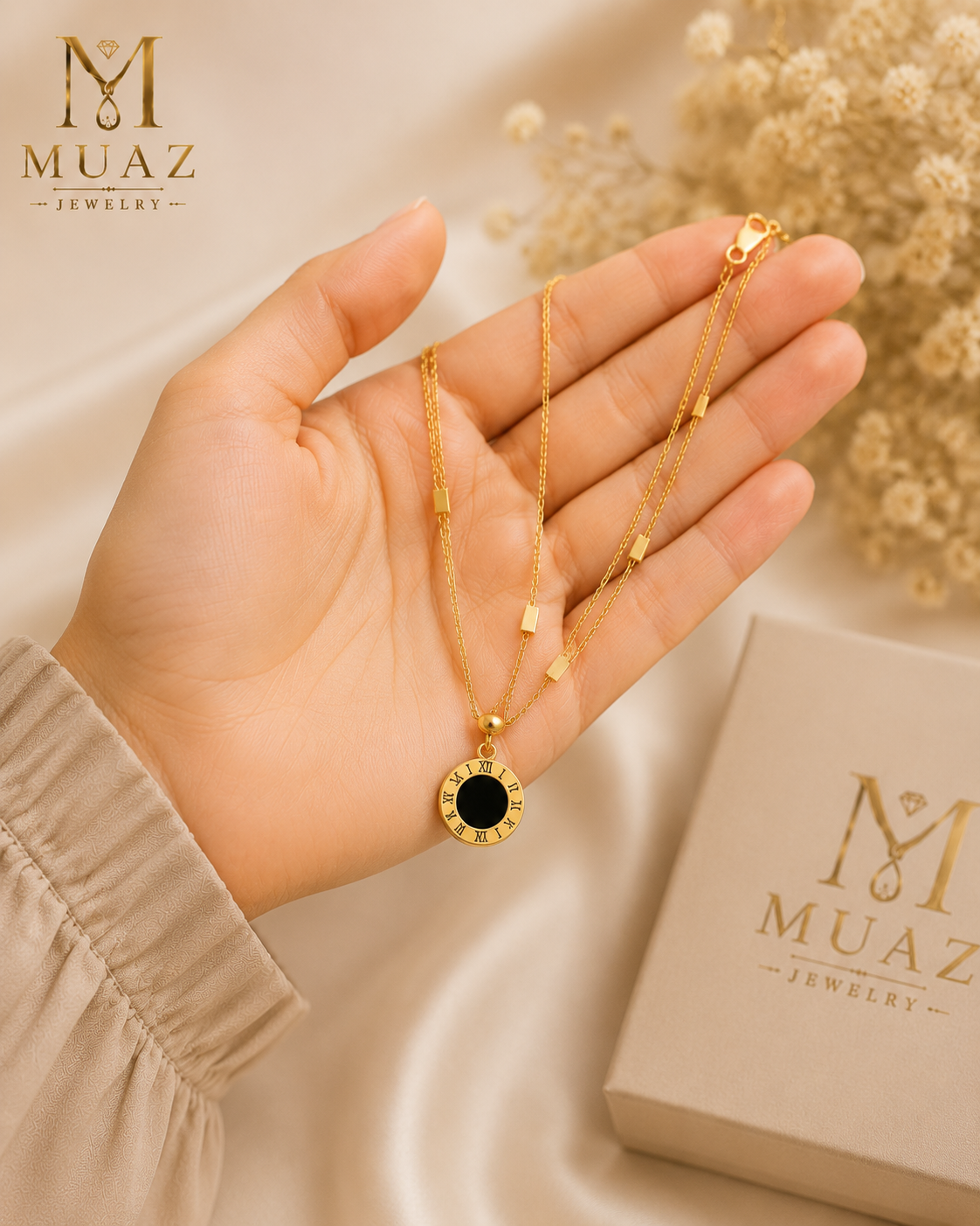 Stainless Steel Gold Layered Necklace with Roman Circle Pendant