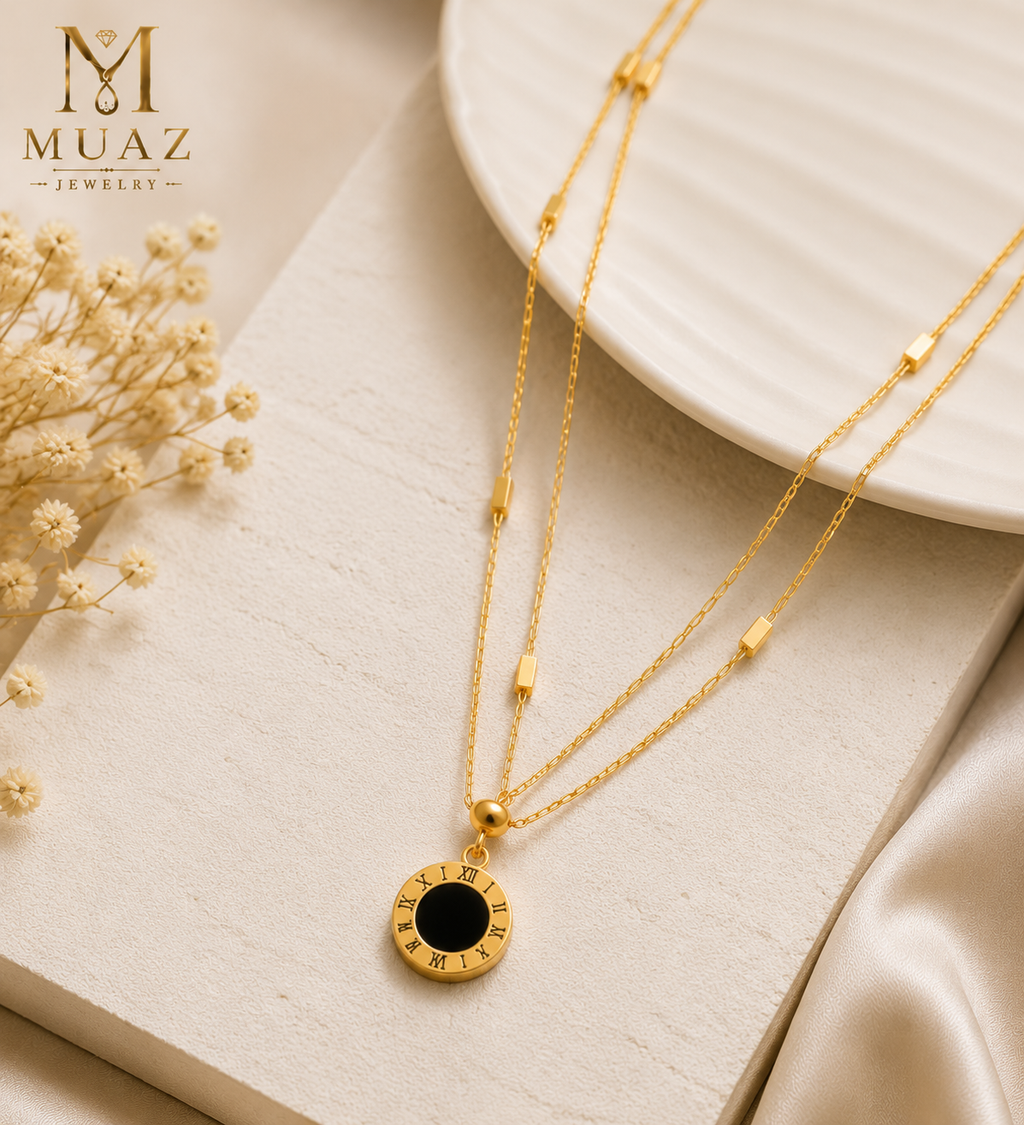 Stainless Steel Gold Layered Necklace with Roman Circle Pendant