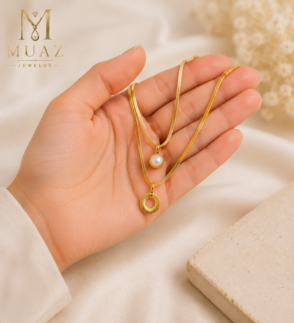 Stainless Steel Gold Layered Necklace with Pearl & Circle Pendant
