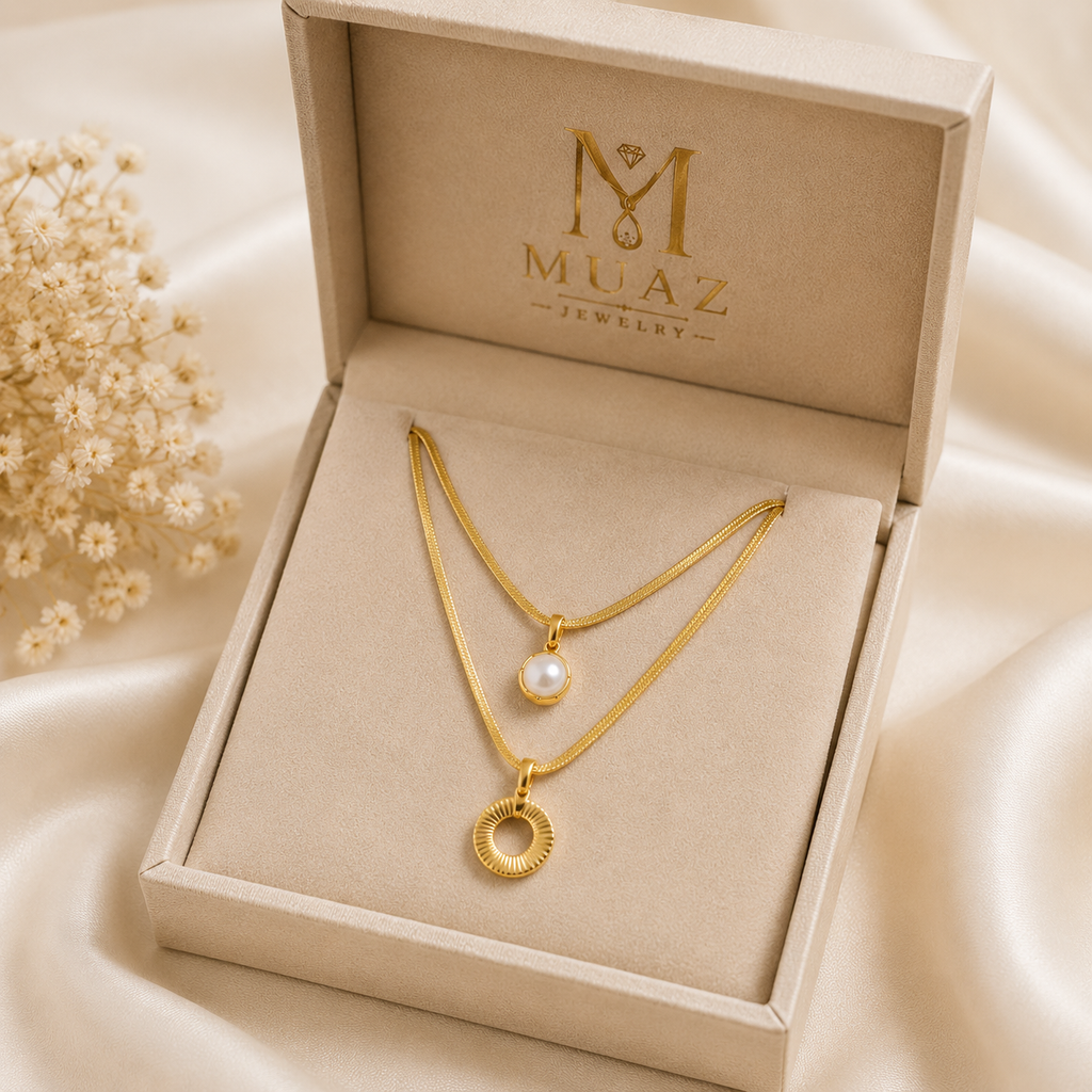 Stainless Steel Gold Layered Necklace with Pearl & Circle Pendant