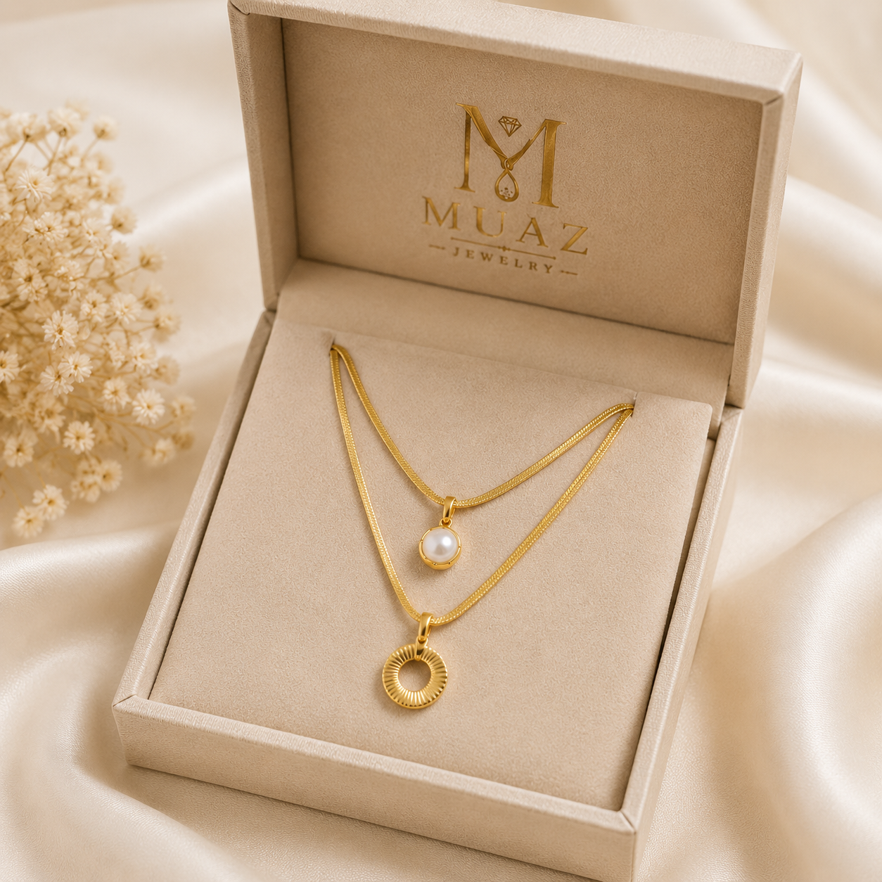 Stainless Steel Gold Layered Necklace with Pearl & Circle Pendant