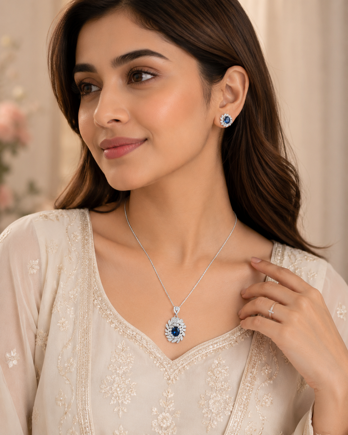 Elegant Blue Gemstone Necklace & Earrings Set