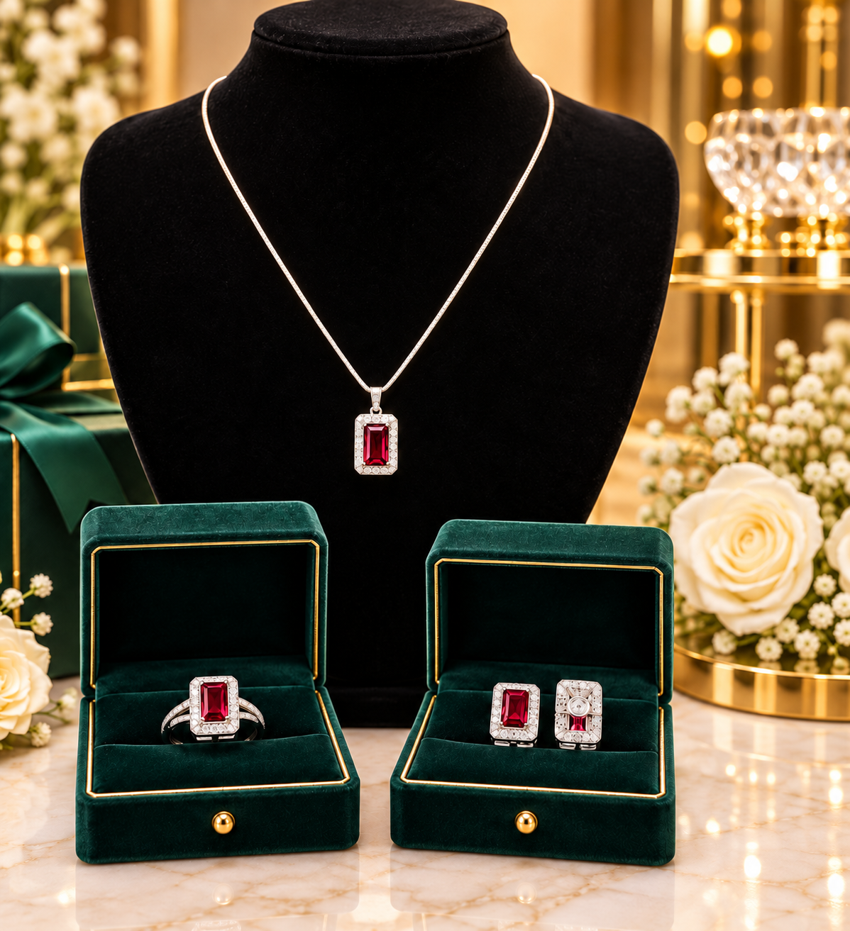Luxury Designer Crystal Rectangular Stone Jewelry Set – Silver-Tone Pendant, Earrings & Ring (Adjustable)