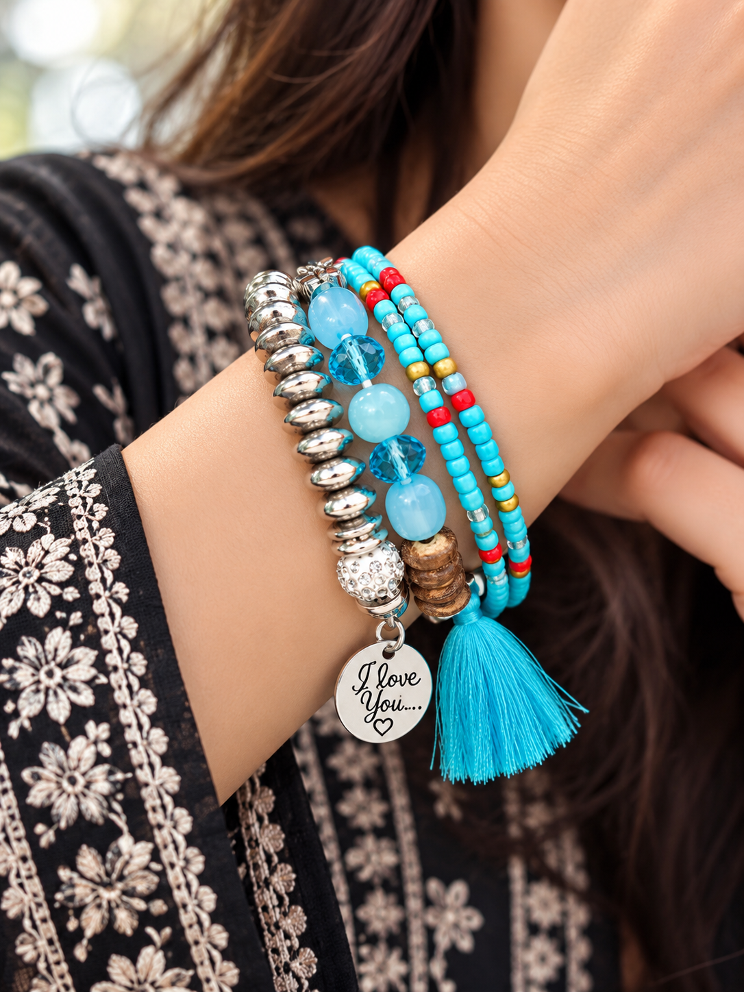 Multilayer Beaded Bracelet – Silver Charm Tassel Boho Jewelry