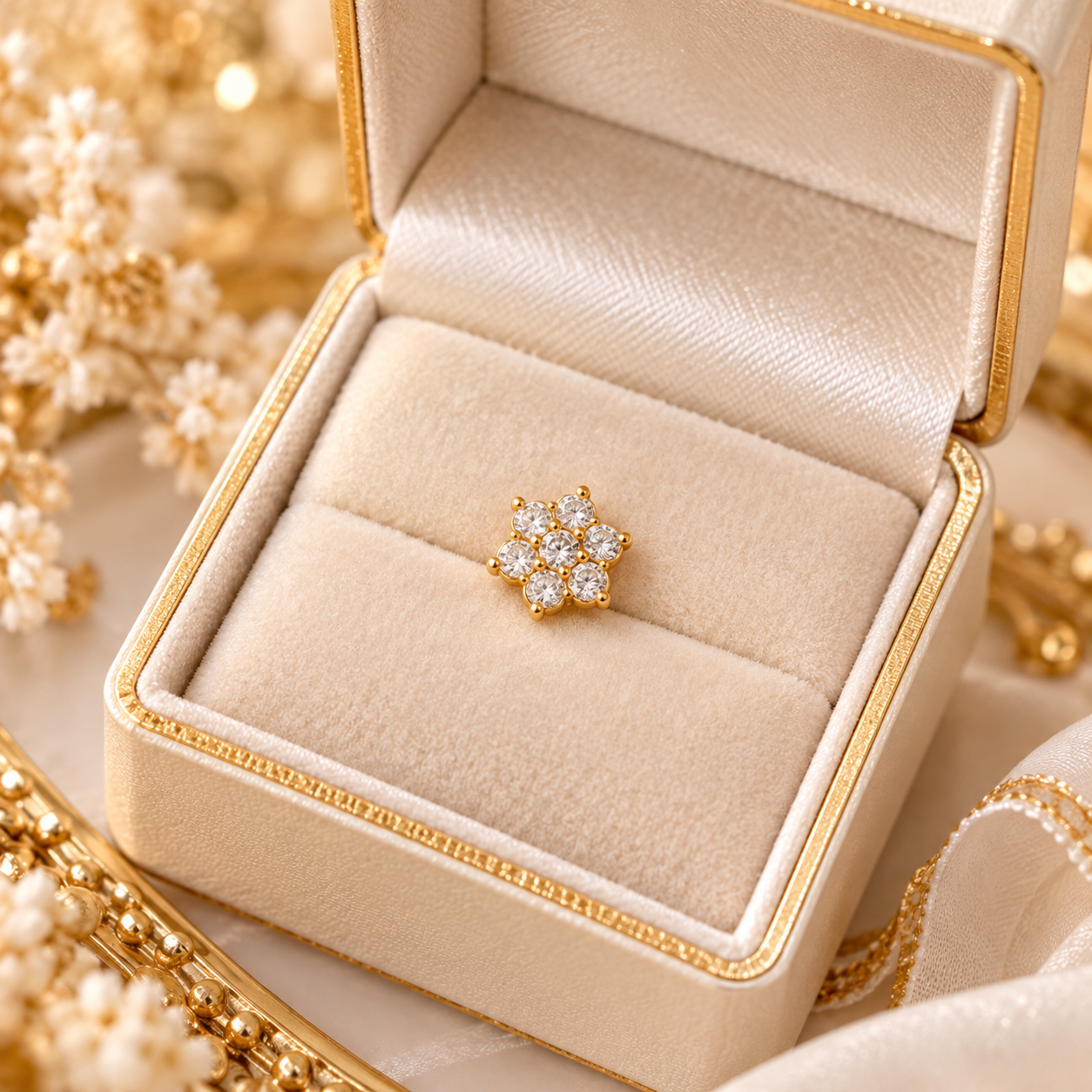 Royal Blossom – Gold-Tone White Crystal Floral Nose Pin