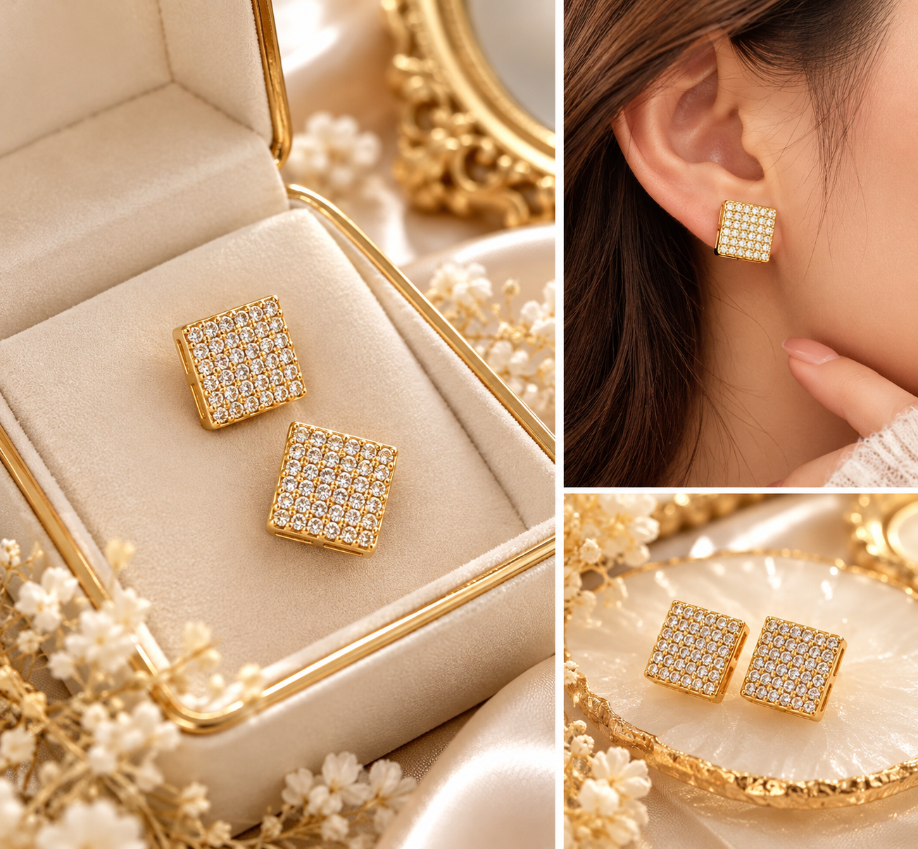 Royal Radiance – Gold-Plated Square Crystal Stud Earrings
