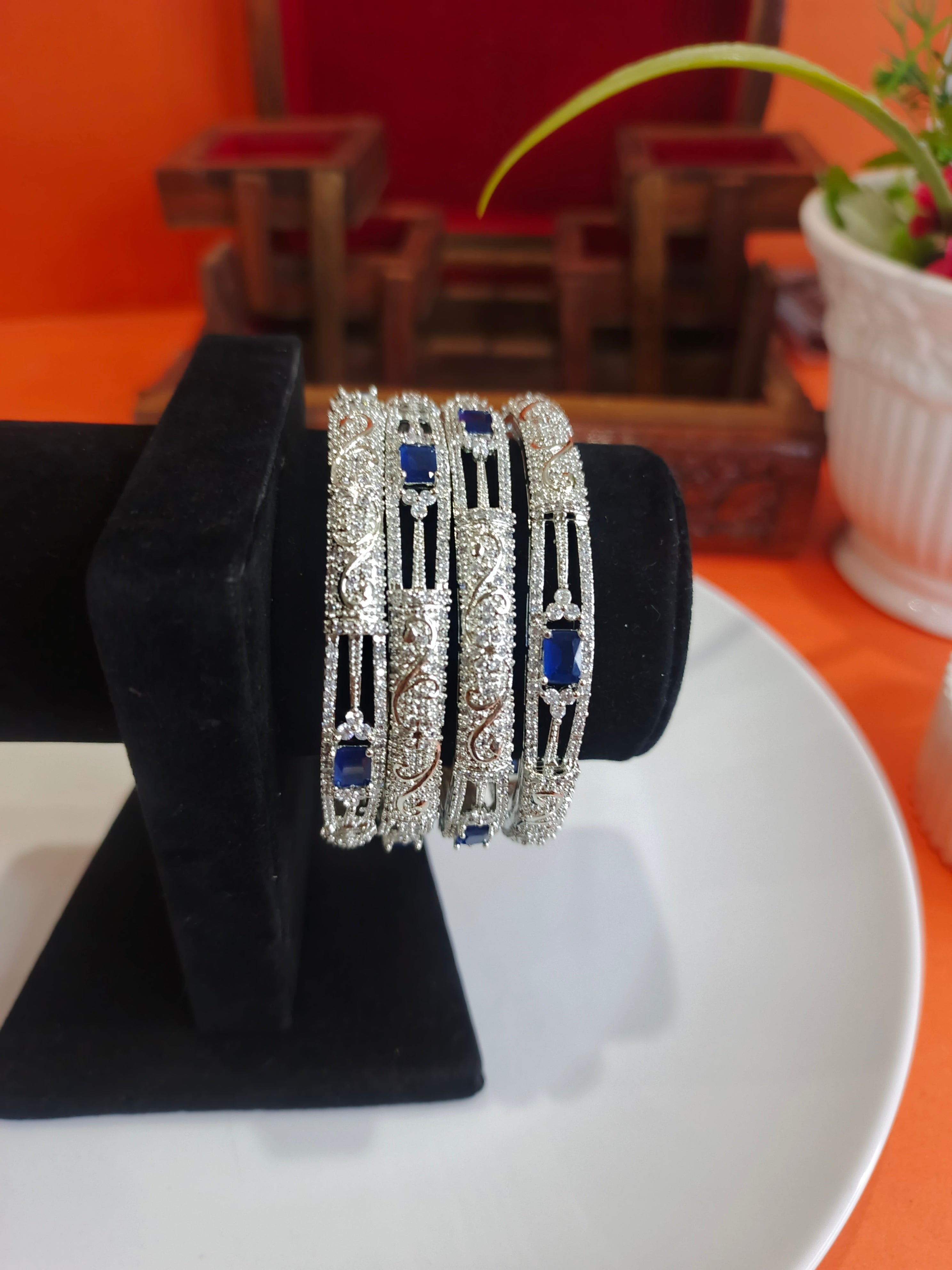 1 Carat Blue Stone Luxury Bangles Set – Elegant Silver Finish Size 2.8 (Pair)