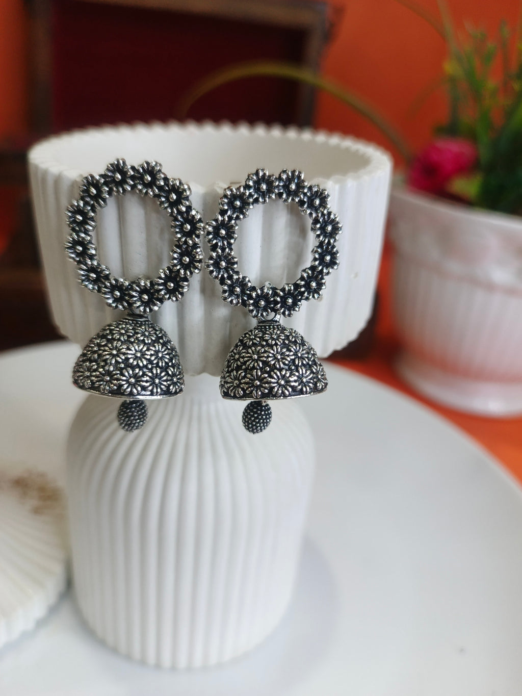 Antique Silver Floral Jhumka