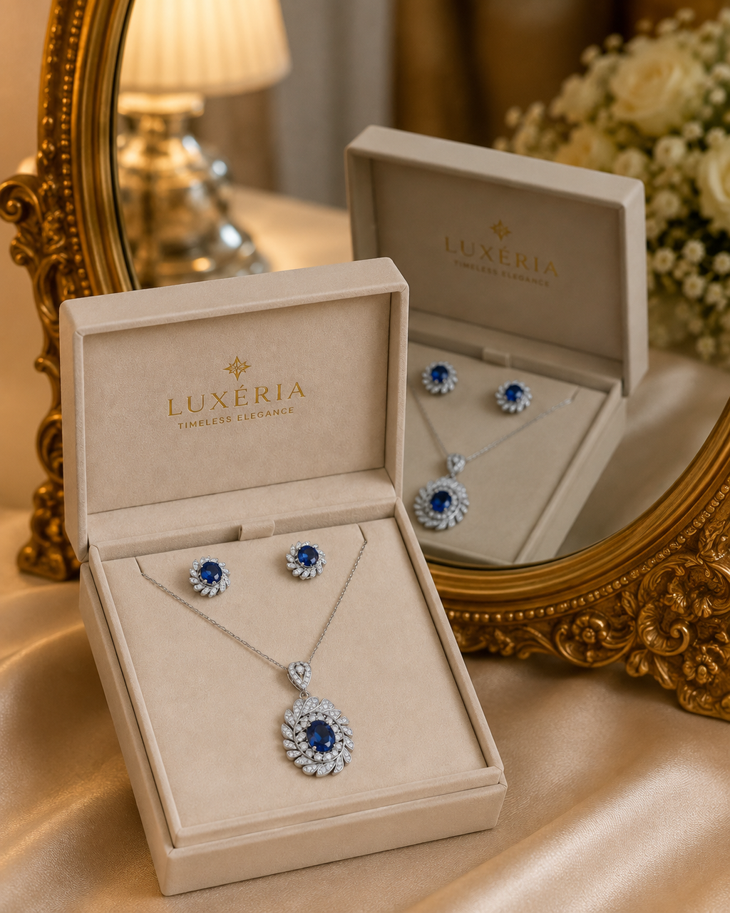 Elegant Blue Gemstone Necklace & Earrings Set