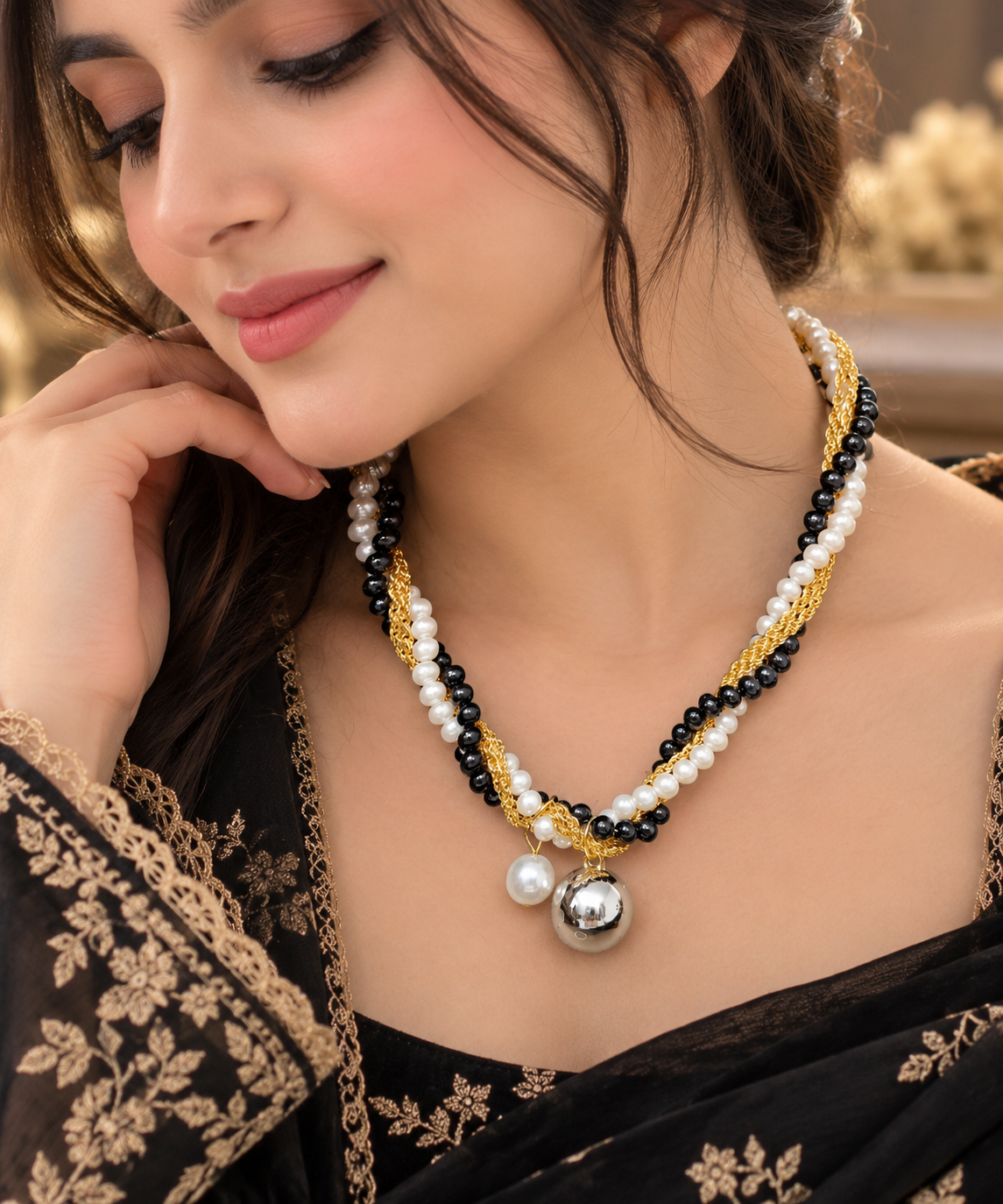 Elegant Black & White Pearl Turkish Mala Necklace – Gold Chain with Silver/Golden Ball Pendant