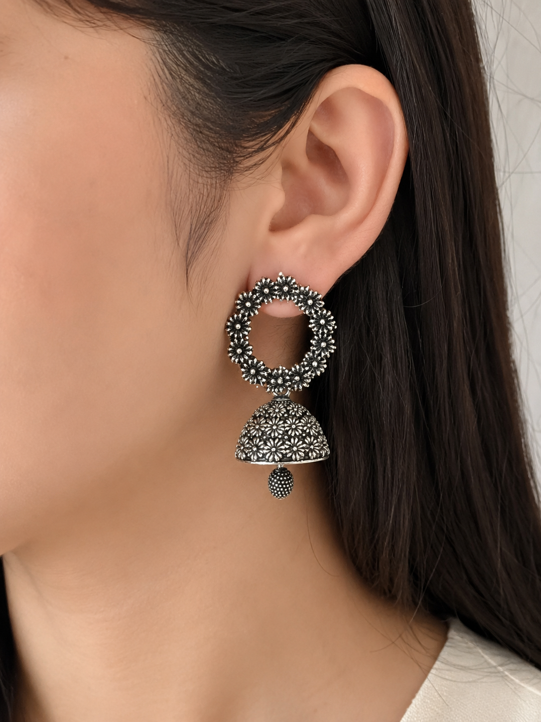 Antique Silver Floral Jhumka