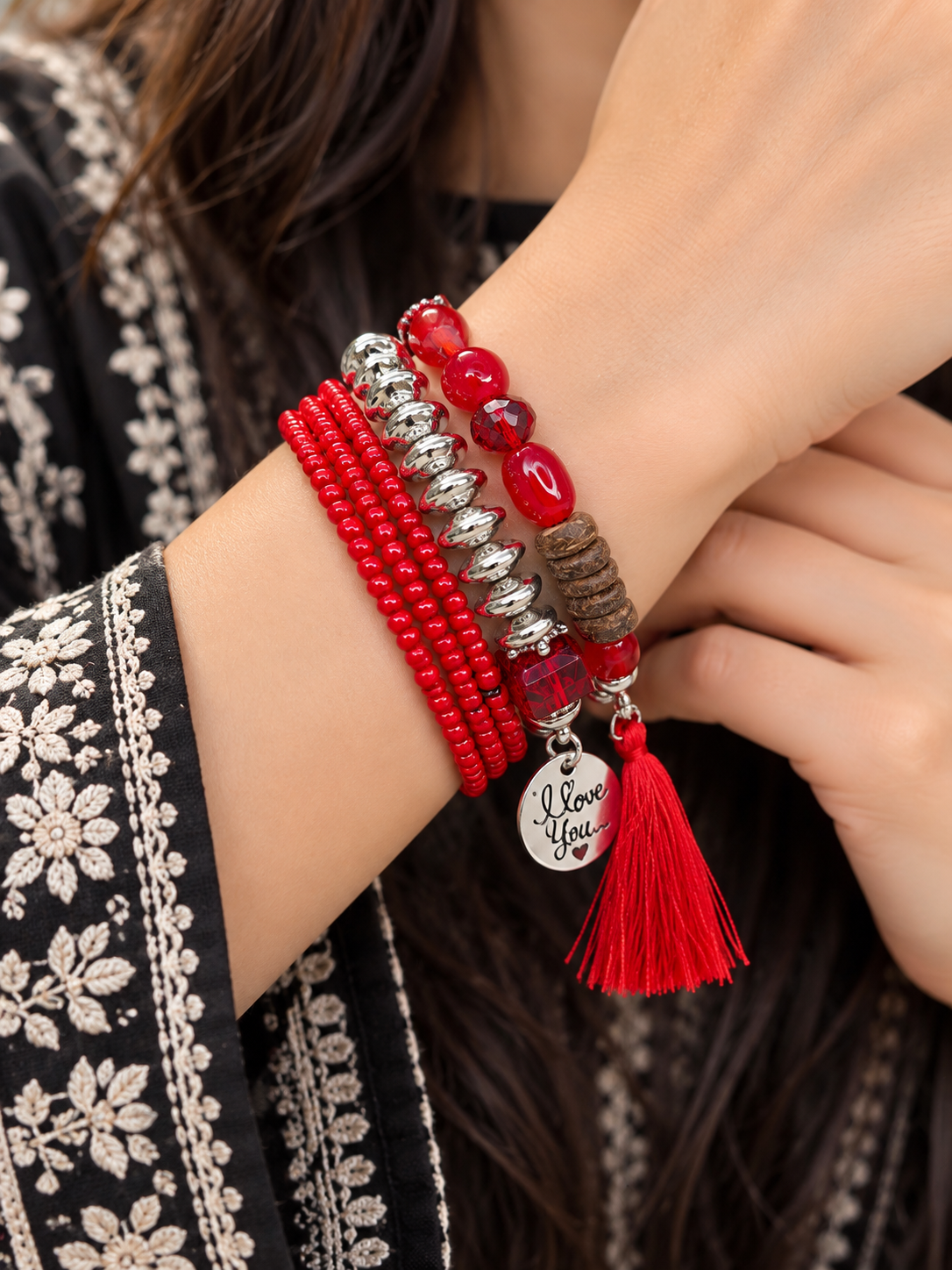 Multilayer Beaded Bracelet – Silver Charm Tassel Boho Jewelry