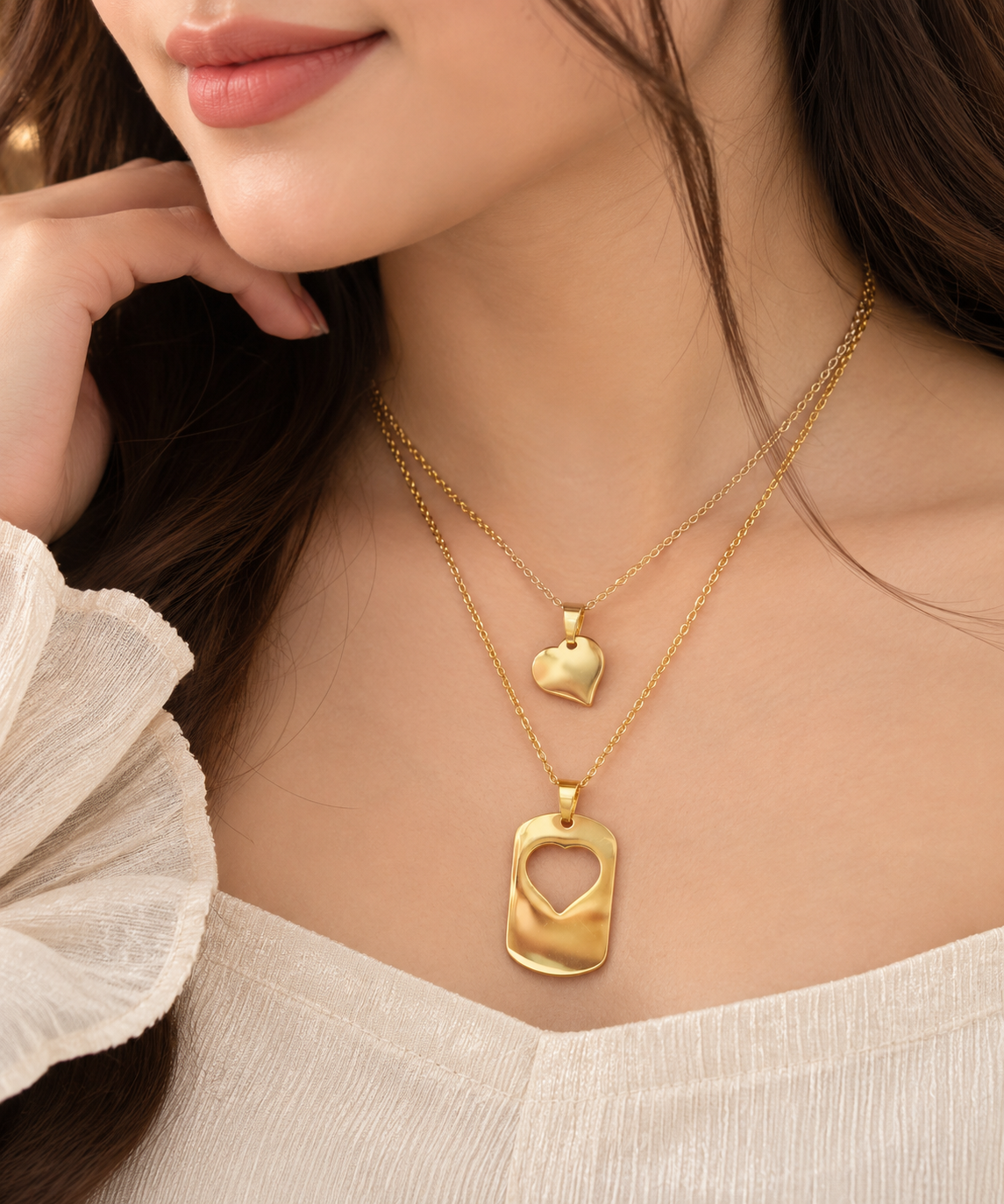 Stainless Steel Double Heart Pendant Necklace Set, Anti-Tarnish Gold Finish