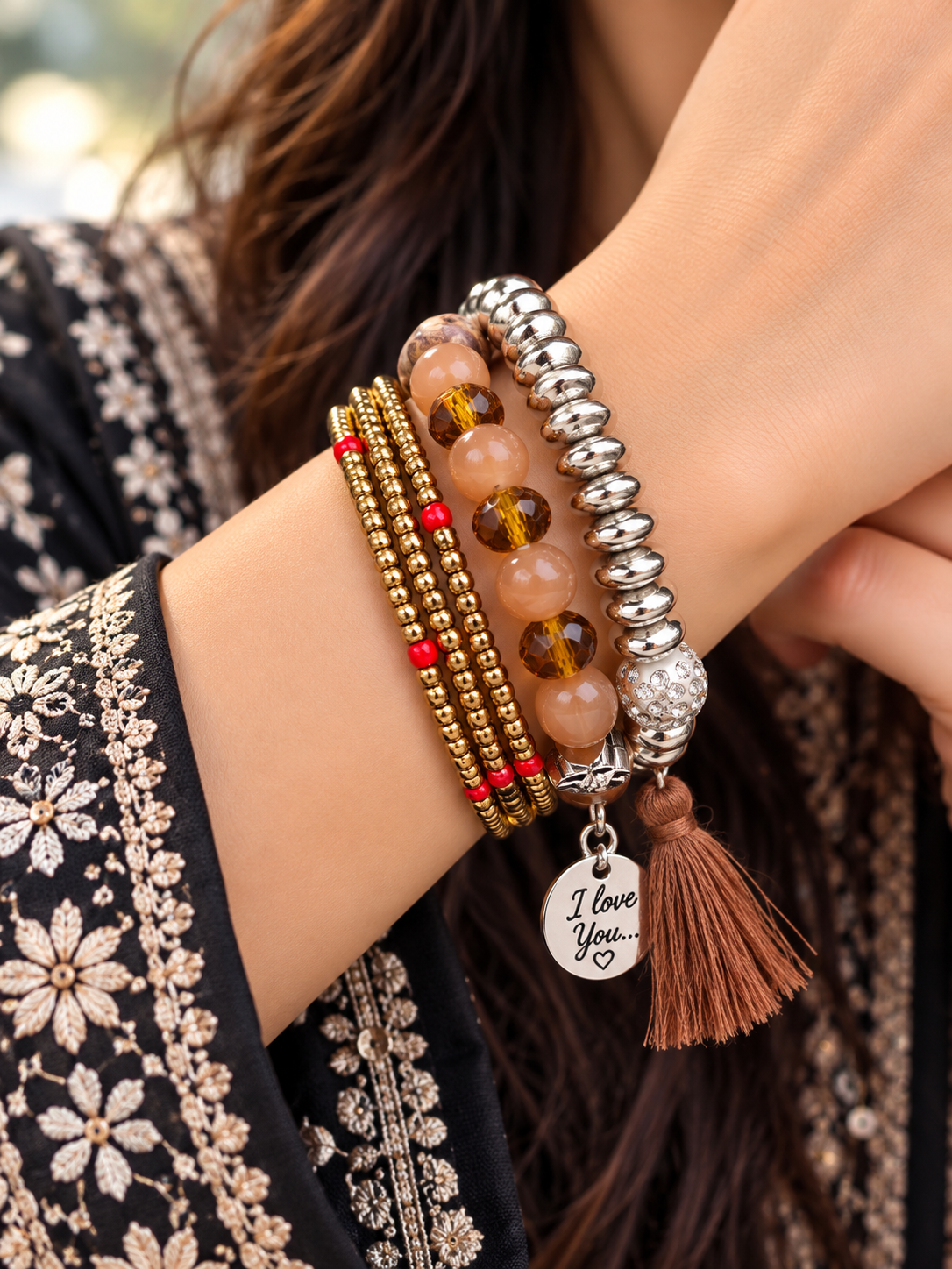 Multilayer Beaded Bracelet – Silver Charm Tassel Boho Jewelry