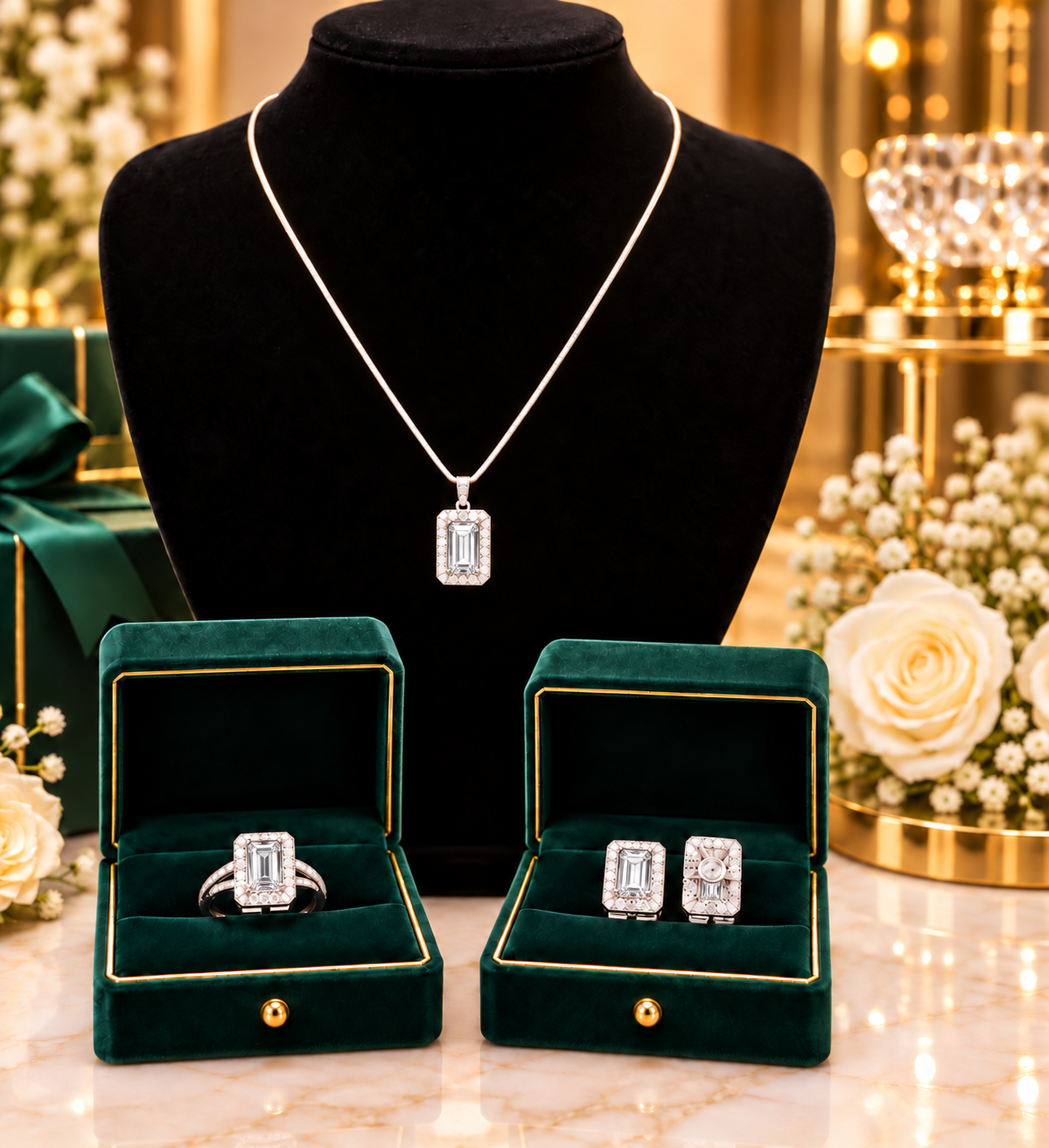 Luxury Designer Crystal Rectangular Stone Jewelry Set – Silver-Tone Pendant, Earrings & Ring (Adjustable)