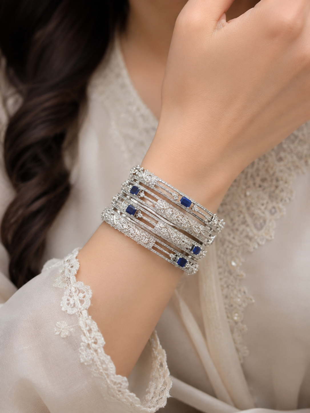 1 Carat Blue Stone Luxury Bangles Set – Elegant Silver Finish Size 2.8 (Pair)
