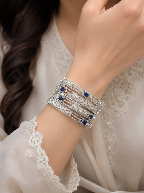 1 Carat Blue Stone Luxury Bangles Set – Elegant Silver Finish Size 2.8 (Pair)