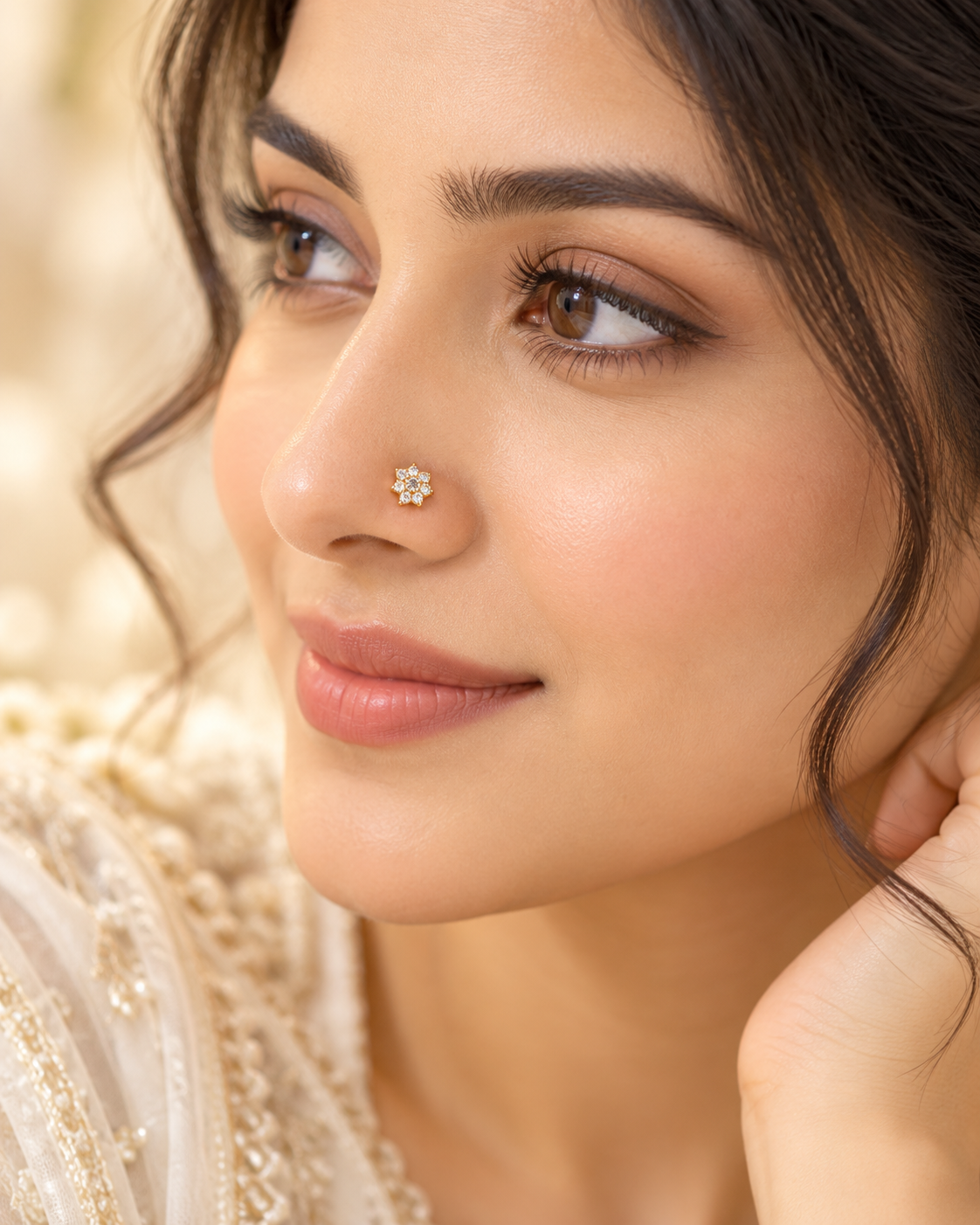 Royal Blossom – Gold-Tone White Crystal Floral Nose Pin