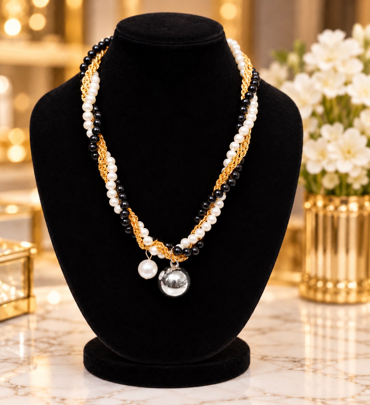 Elegant Black & White Pearl Turkish Mala Necklace – Gold Chain with Silver/Golden Ball Pendant
