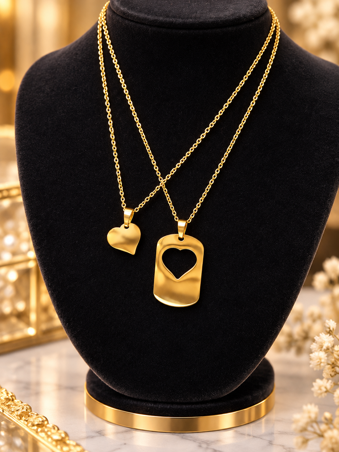 Stainless Steel Double Heart Pendant Necklace Set, Anti-Tarnish Gold Finish