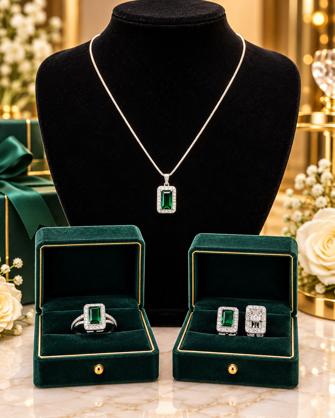 Luxury Designer Crystal Rectangular Stone Jewelry Set – Silver-Tone Pendant, Earrings & Ring (Adjustable)