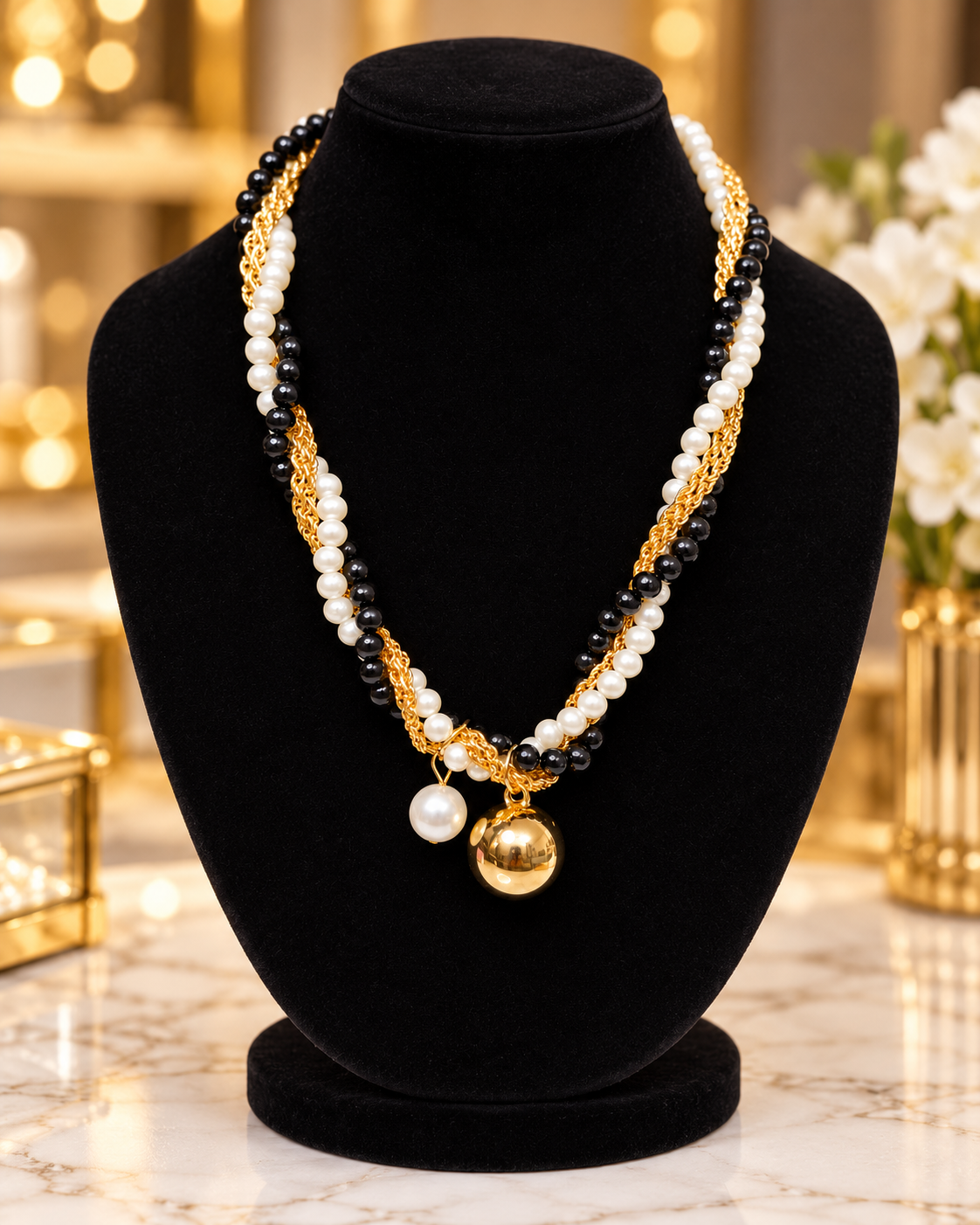 Elegant Black & White Pearl Turkish Mala Necklace – Gold Chain with Silver/Golden Ball Pendant