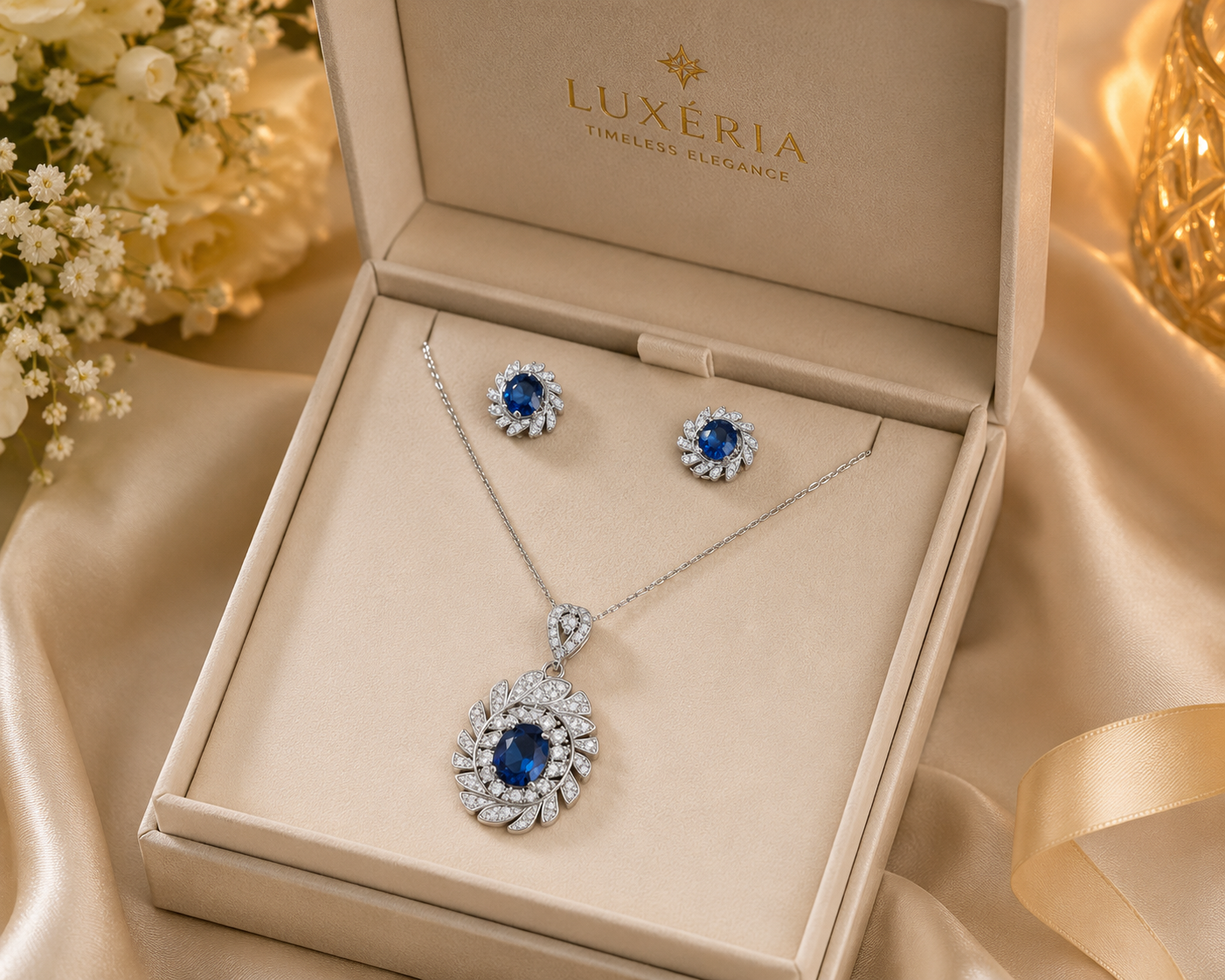 Elegant Blue Gemstone Necklace & Earrings Set