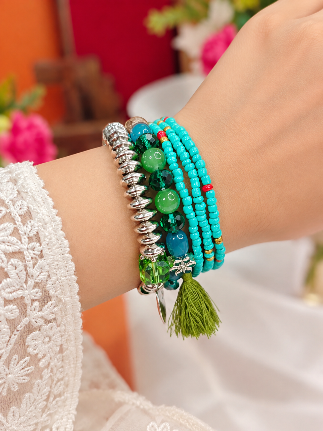 Multilayer Beaded Bracelet – Silver Charm Tassel Boho Jewelry