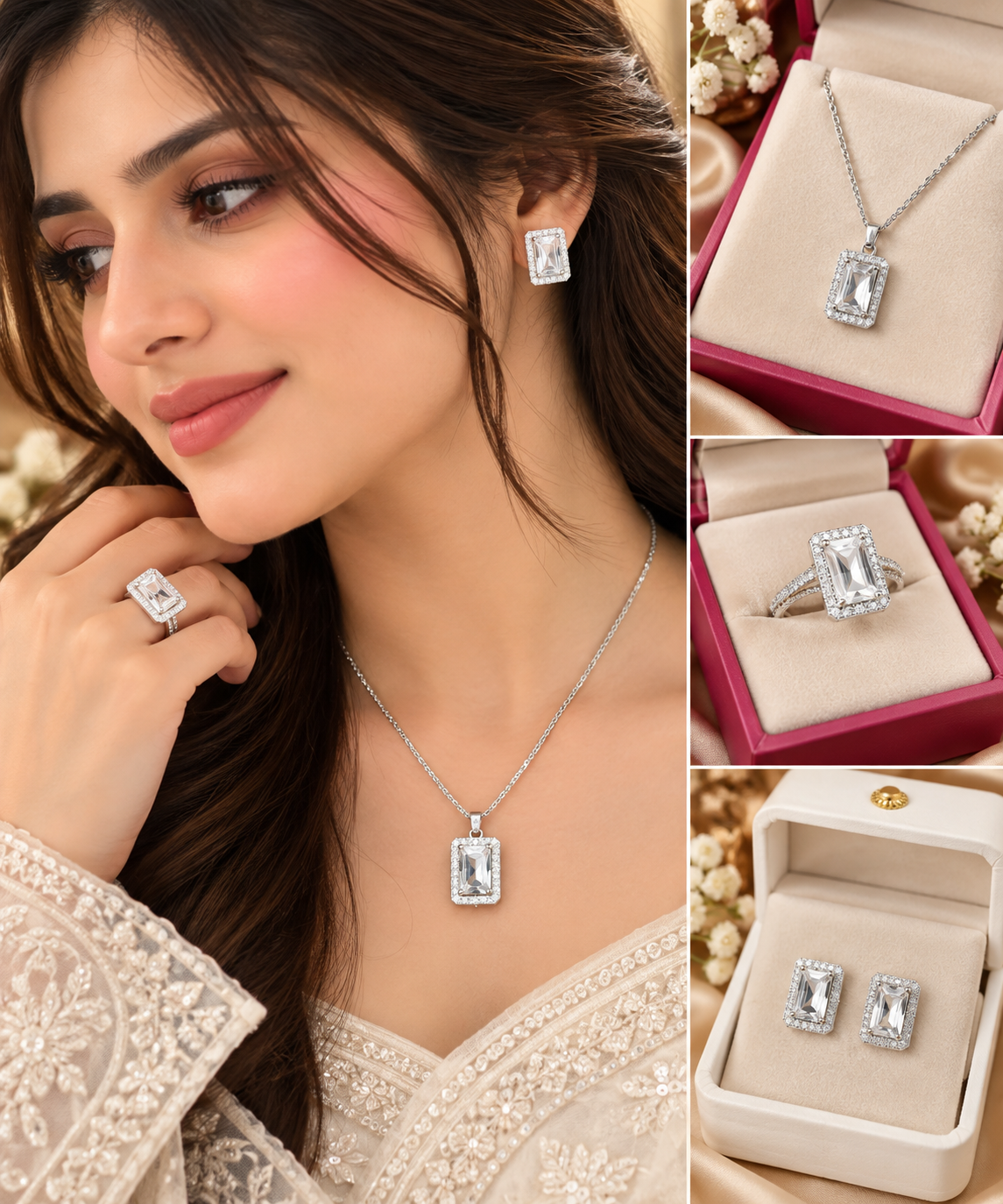 Luxury Designer Crystal Rectangular Stone Jewelry Set – Silver-Tone Pendant, Earrings & Ring (Adjustable)