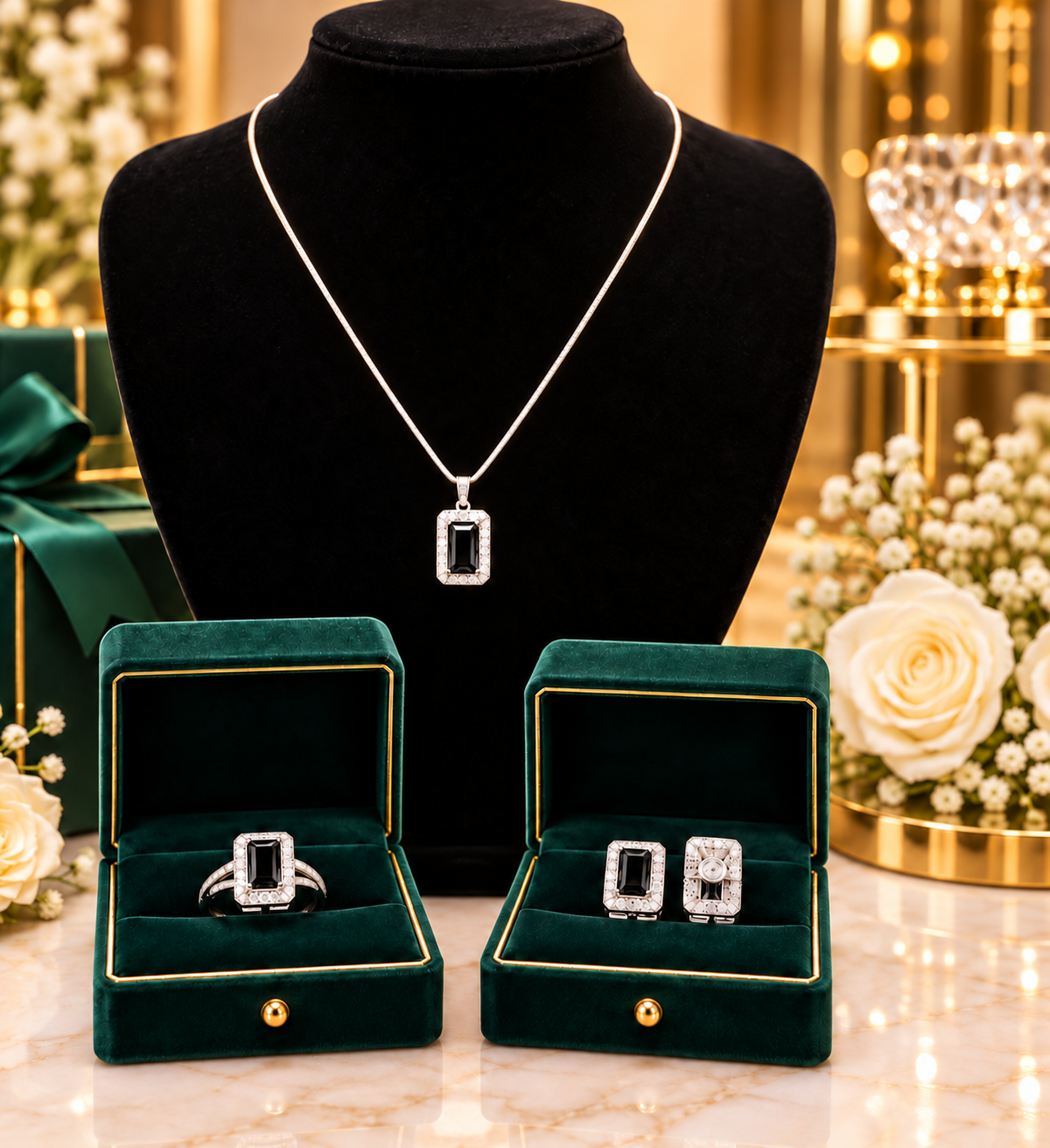 Luxury Designer Crystal Rectangular Stone Jewelry Set – Silver-Tone Pendant, Earrings & Ring (Adjustable)