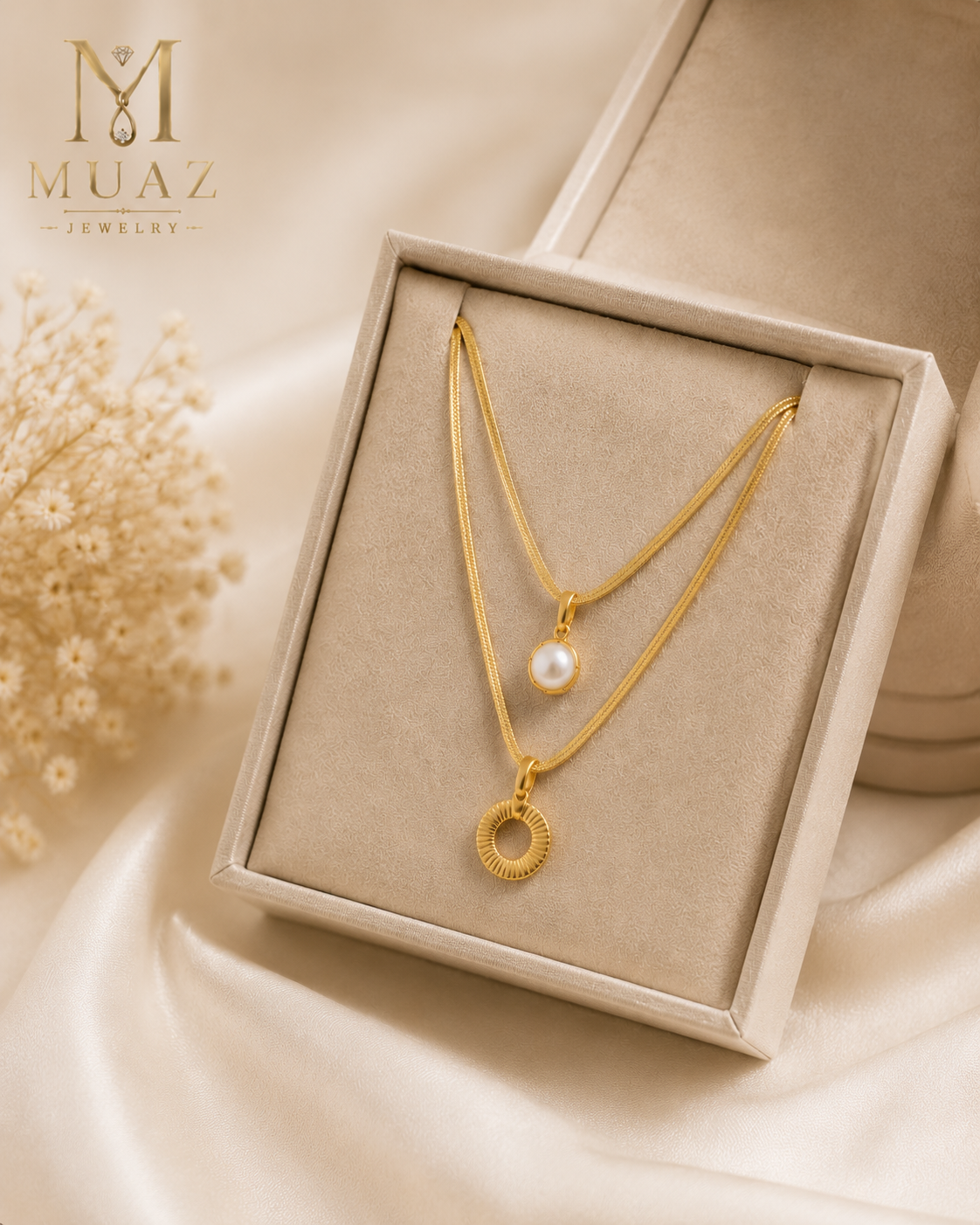 Stainless Steel Gold Layered Necklace with Pearl & Circle Pendant