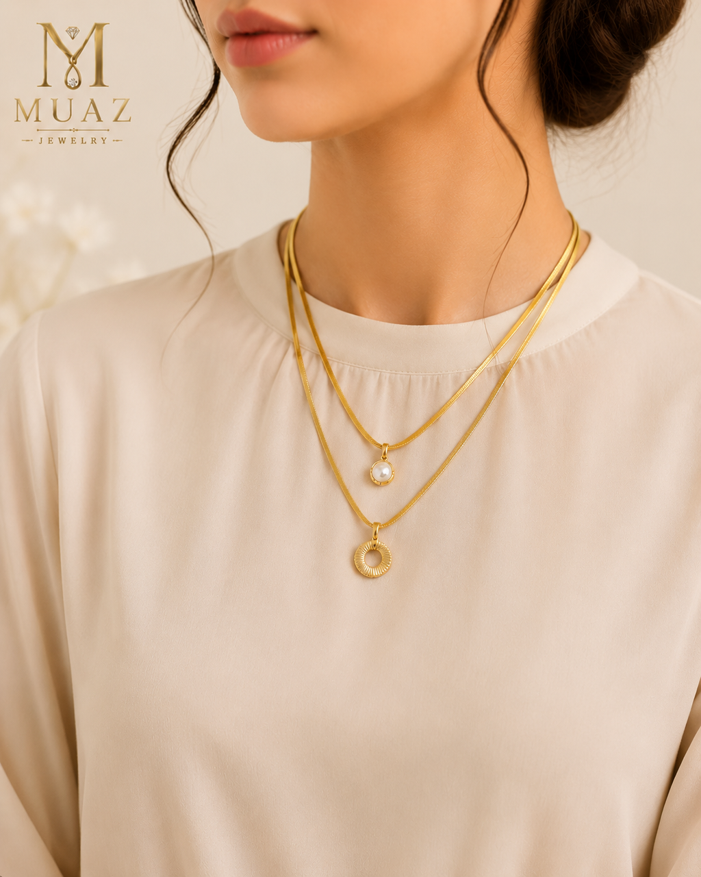 Stainless Steel Gold Layered Necklace with Pearl & Circle Pendant