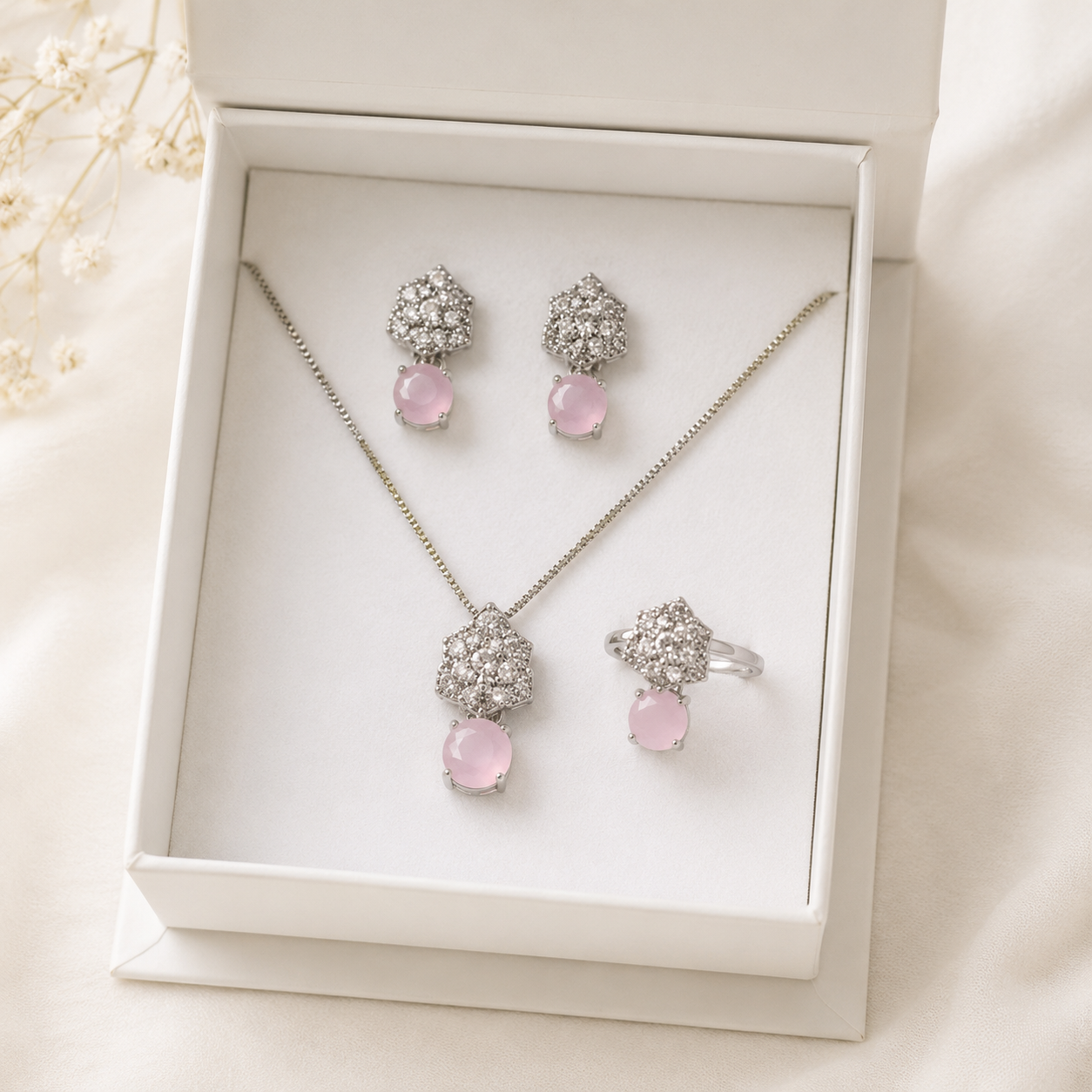 Turquoise/ Pink Elegance Silver Jewelry Set – Necklace, Earrings & Ring
